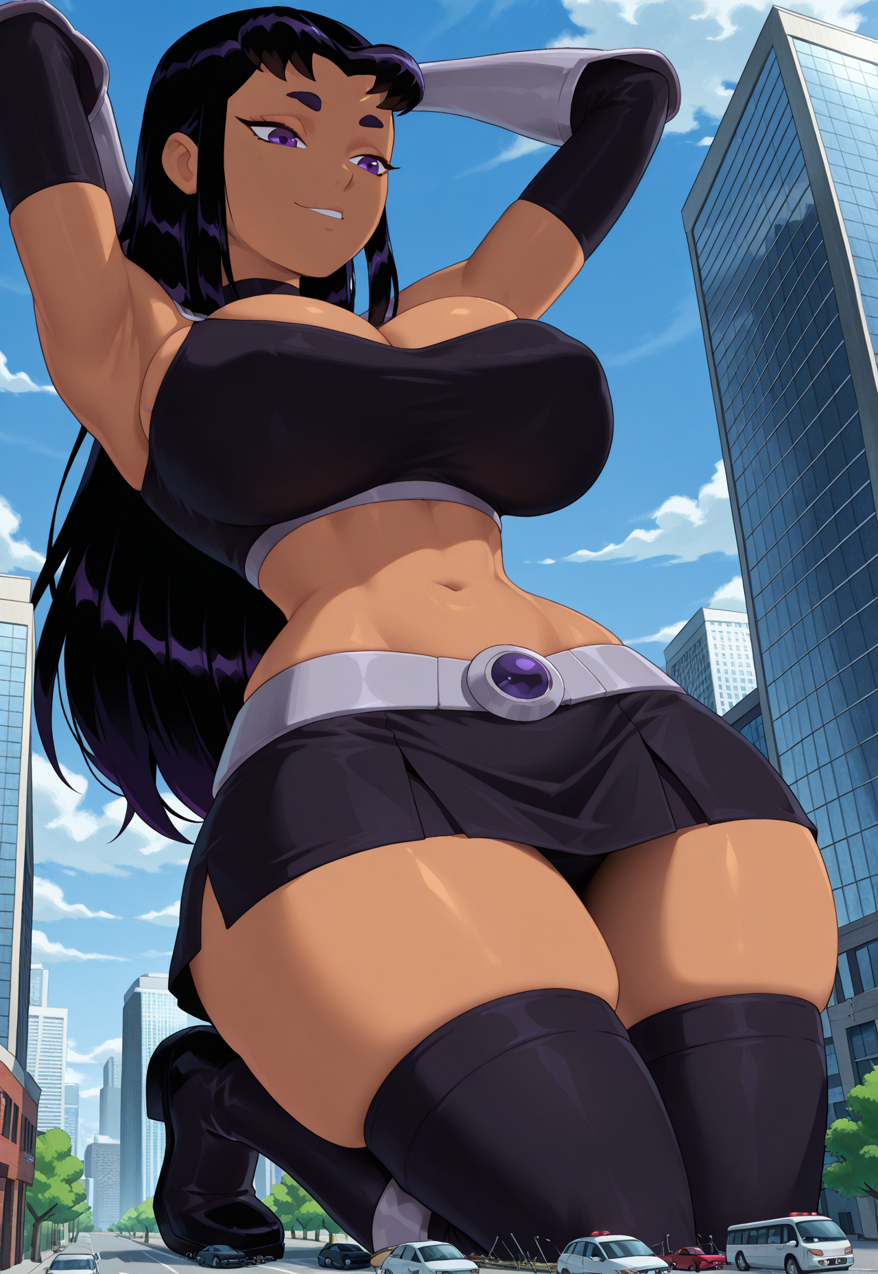 1girls, ai generated, alien, alien girl, alien humanoid, big breasts, blackfire, breasts, car, cars, city, dc, dc comics, female, female focus, female only, giantess, komand'r, large boobs, large breasts, looking down, memesrus1234, solo, solo female, solo focus, tanned, tanned female, tanned skin, teen titans, thick thighs, thigh strap, thighs