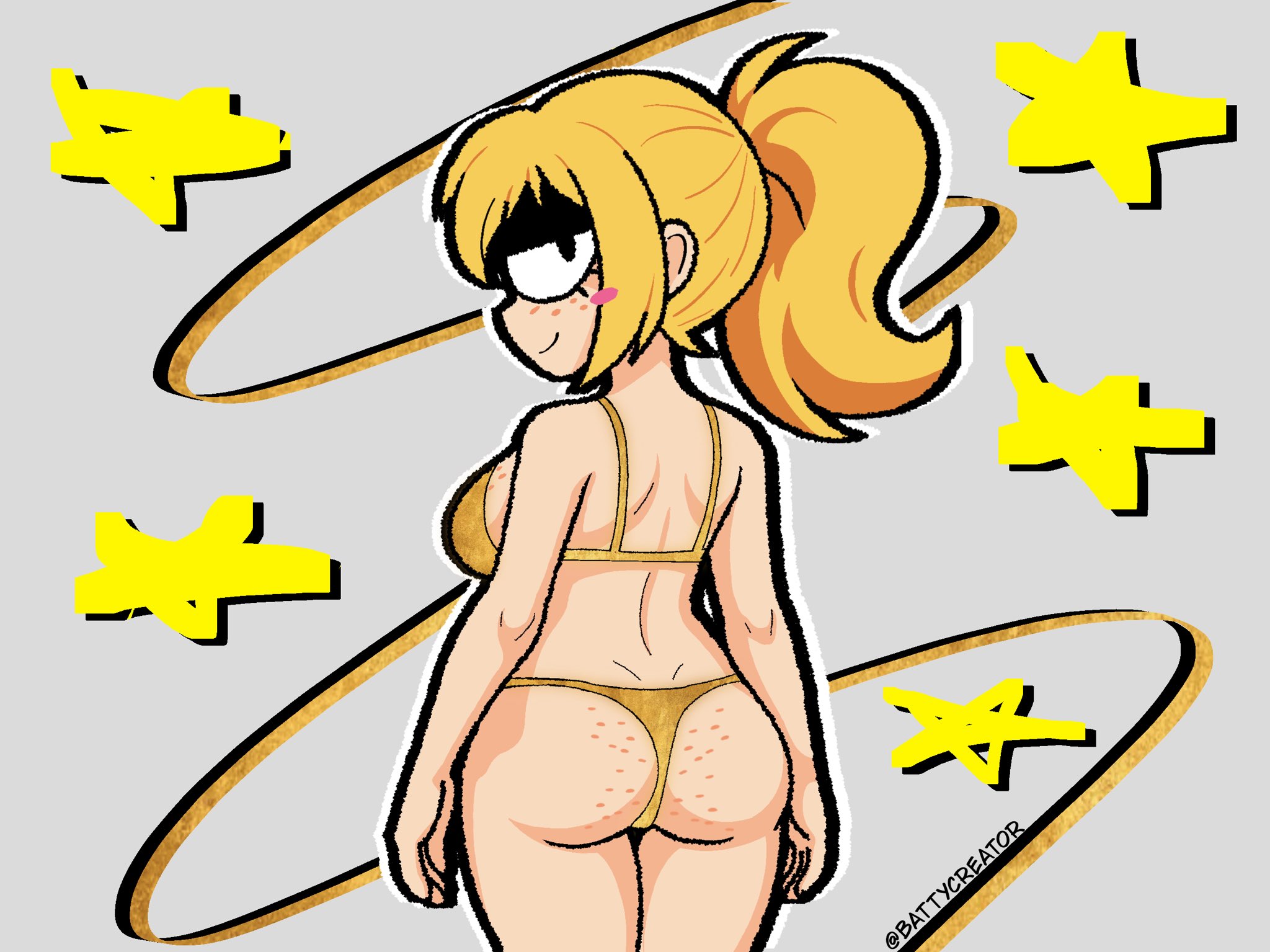 1girls, ass, battycreator, big ass, big breasts, bikini, blonde hair, busty, female, female only, five nights at freddy's, five nights at frickbears, five nights at frickbears 3, freckles, freckles on ass, freckles on breasts, gold bikini, golden bikini, golden week, large breasts, legs, long hair, looking at viewer, ponytail, seductive, seductive look, seductive smile, sensual, sexy, sideboob, smile, solo, thighs, thong bikini, vanessa (fnaf), vanessa shelley (frickbears)
