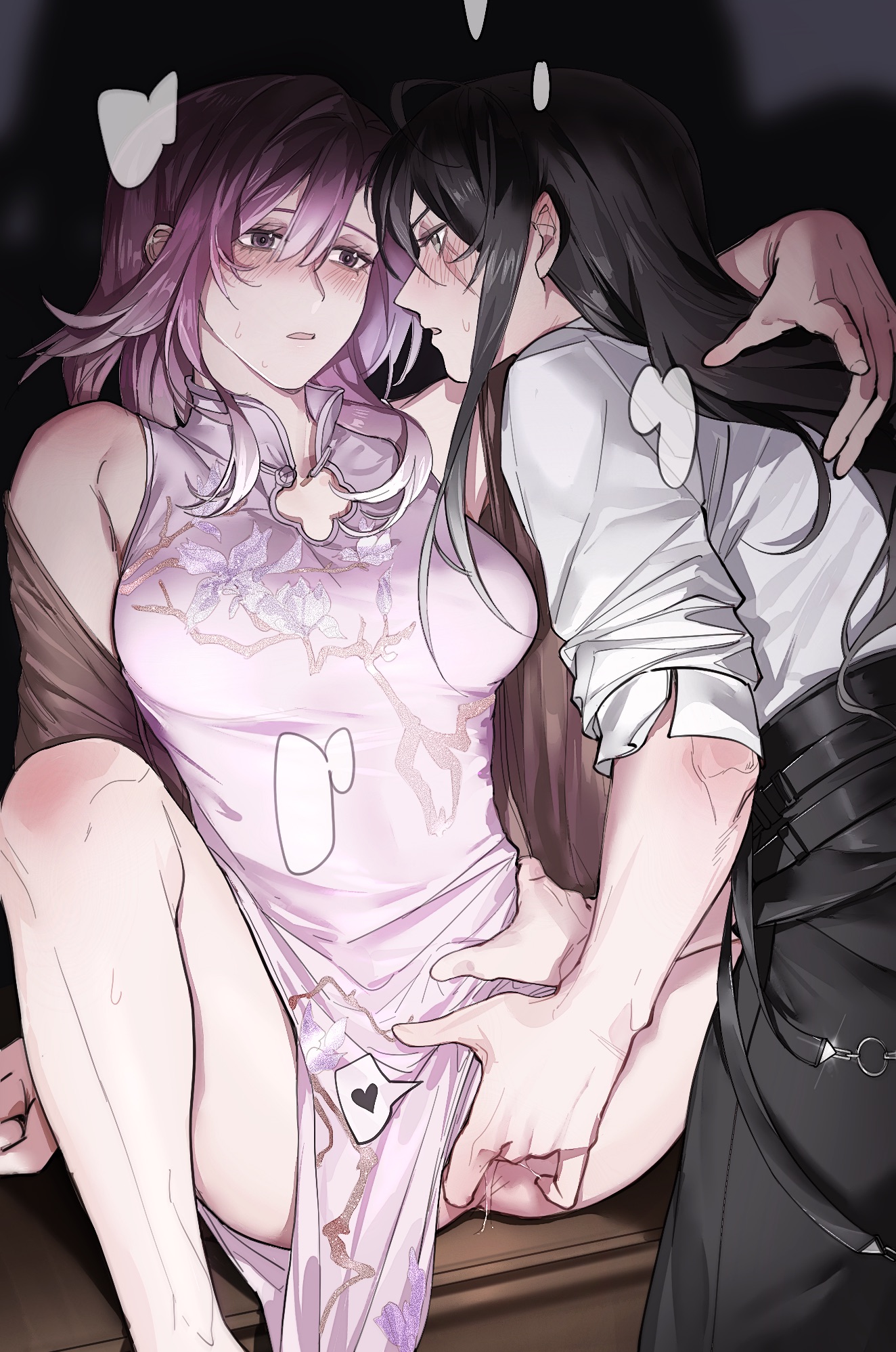 athletic, athletic female, blush, clothed, clothed sex, clothes, clothing, desk, dress, dress lift, female, female focus, female only, female penetrated, finger fuck, fingering, larger female, legs apart, lezissmit, long hair, older female, path to nowhere, qipao, qipao dress, rahu (path to nowhere), scar, scar on face, shalom (path to nowhere), shorter female, sleeves, sleeves rolled up, smaller female, taller female, vaginal penetration, vaginal sex, younger female, yuri