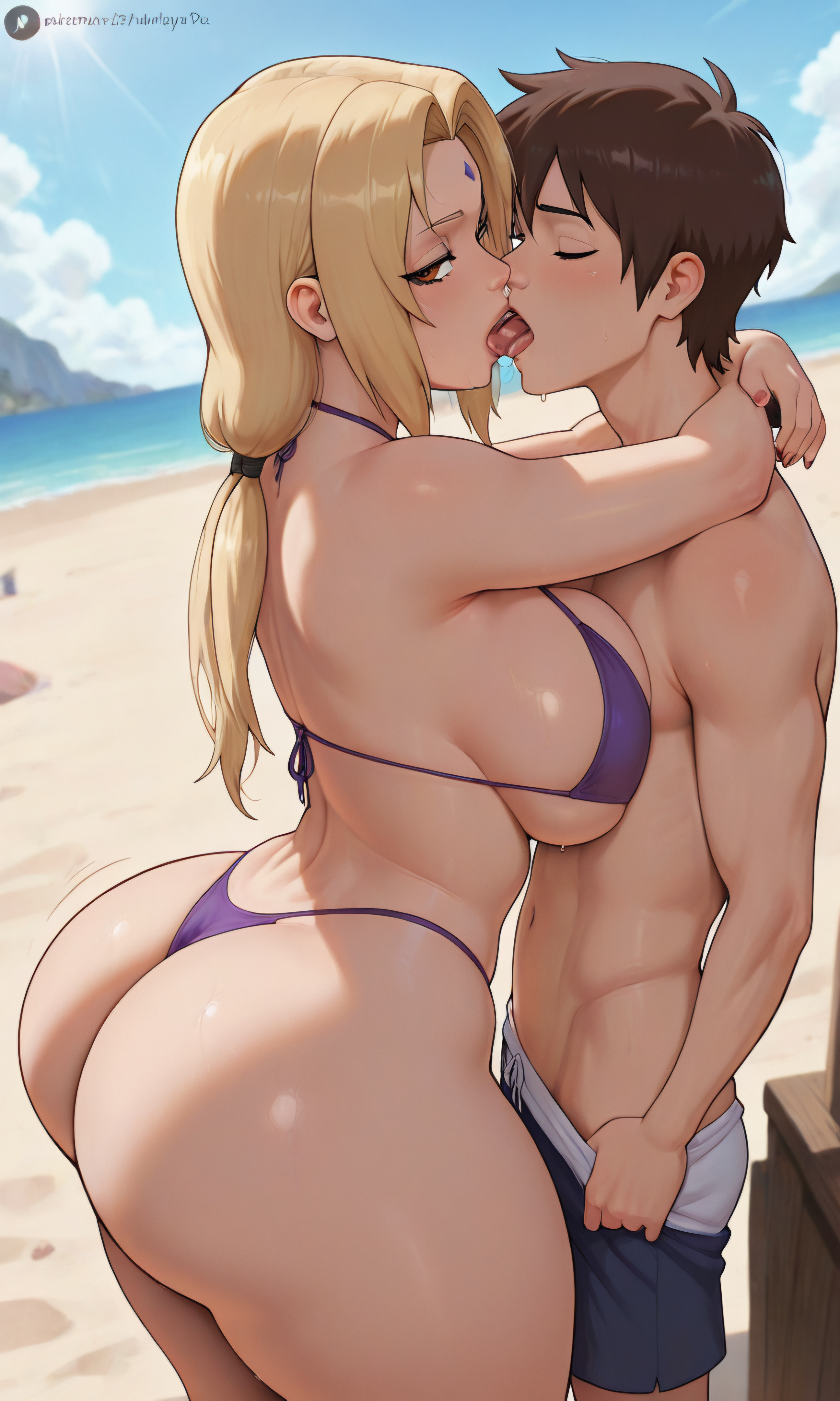1boy, ai generated, big ass, bikini, blonde hair, breasts, female, french kiss, huge breasts, kissing, naruto, naruto (series), shiroiai, skinny male, tsunade, undressing, wide hips