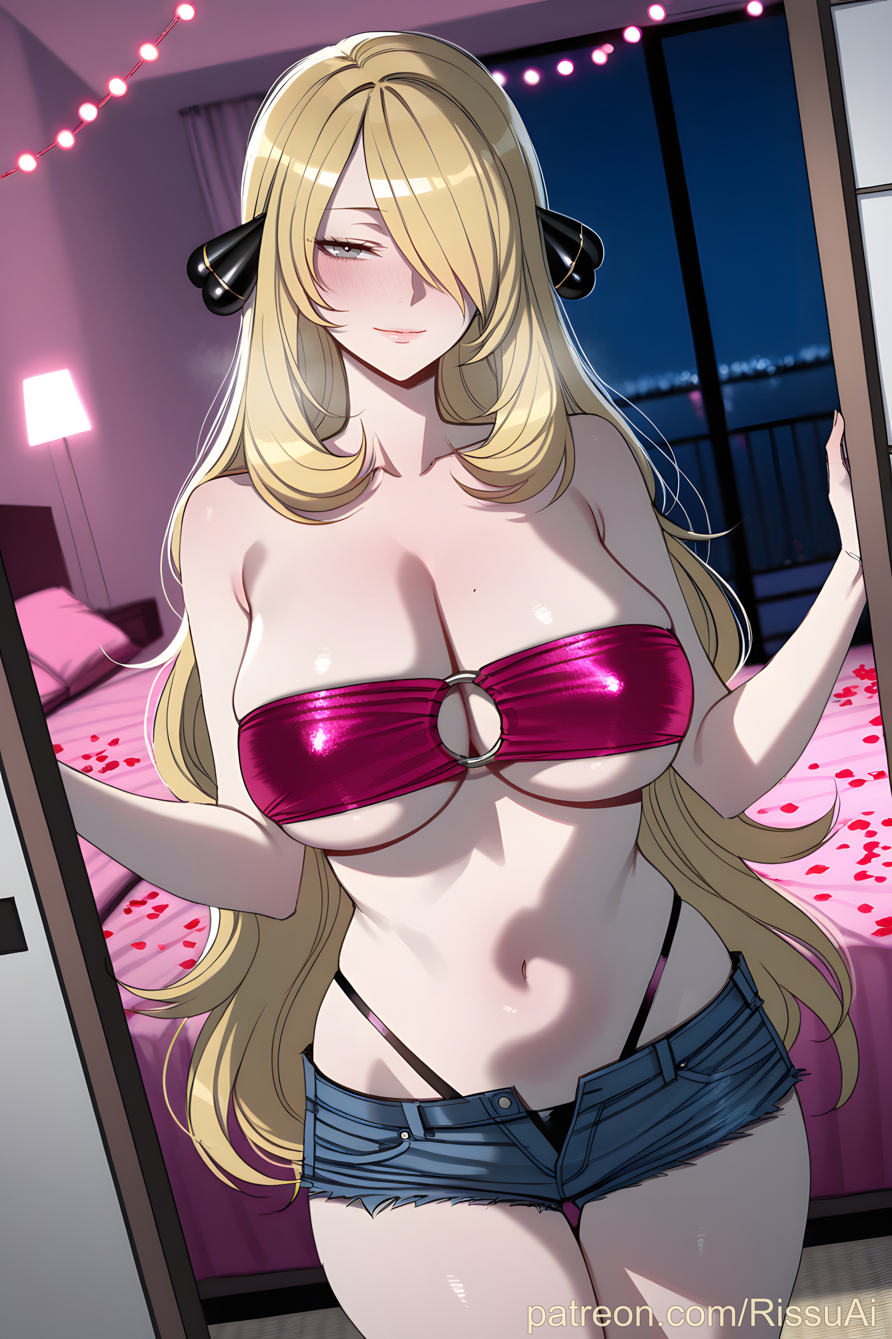 2026, ai generated, big ass, big breasts, blonde hair, blush, bubble ass, bubble butt, cynthia (pokemon), female, female only, grey eyes, hair ornament, hair over one eye, half naked, hi res, high quality, highres, hires, horny, horny female, huge ass, huge breasts, in heat, indoors, inside, long hair, nintendo, patreon, patreon username, perfect body, pokemon, rissuai, romantic, room, sexy, sexy body, sexy female, sexy pose, valentine's day