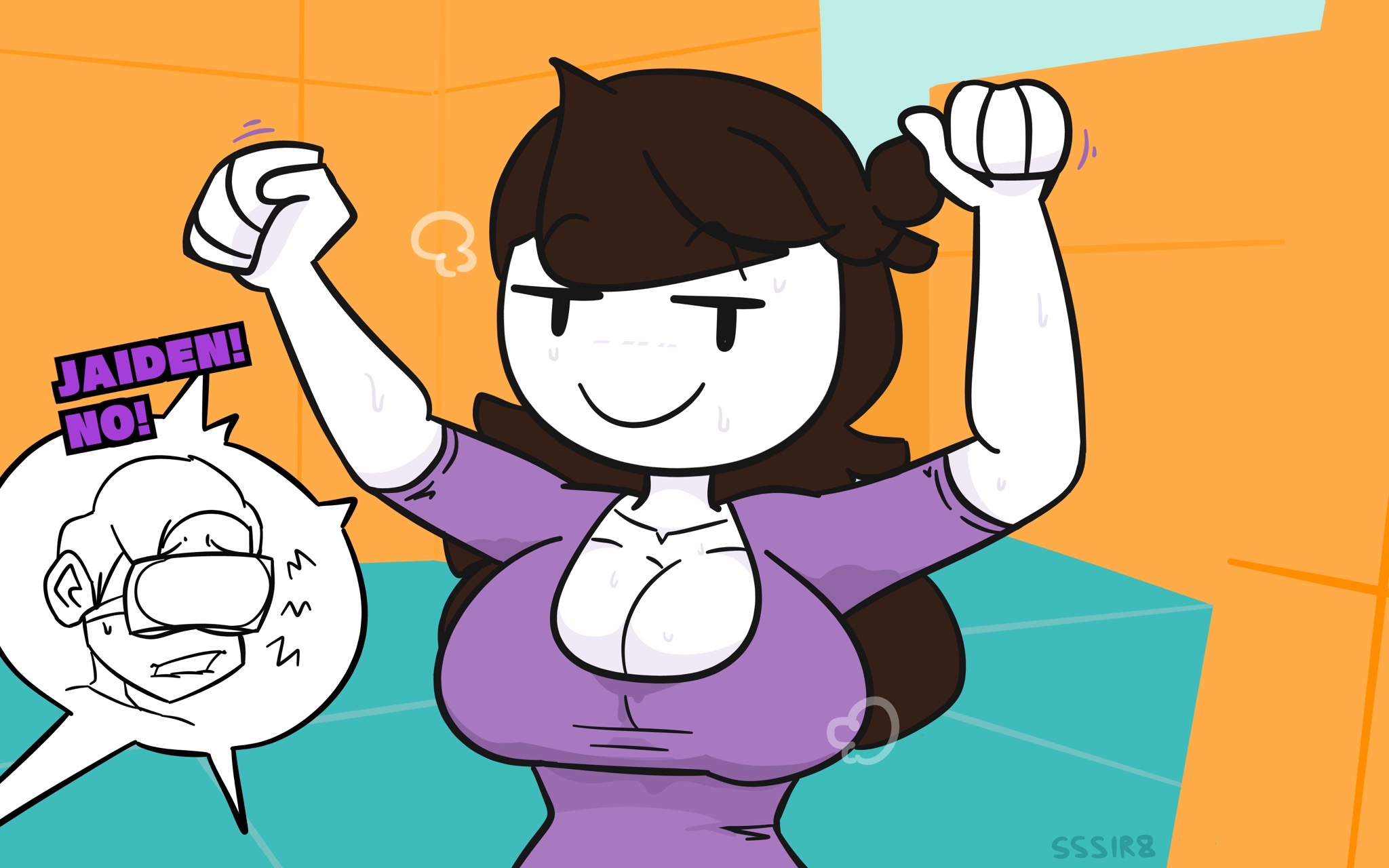 arms up, big breasts, breasts, brown hair, cleavage, clothed, clothing, dialogue, female, jaiden, jaiden animations, jaidenanimations, large breasts, light skin, light-skinned female, long hair, mob face, slobbyslapper, smirk, smug, sssir, sssir8, sweat, sweat stain, sweatdrop, sweating, sweaty, sweaty armpits, white skin, youtube, youtuber