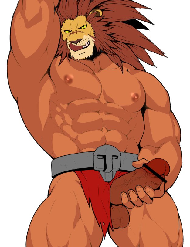 abs biceps bottomwear brown_hair clothing facial_scar felid genitals hair hand_on_penis holding_penis leo_(red_earth) licking licking_lips lion loincloth looking_at_viewer male male_only mammal masturbation muscular muscular_male nipples obliques pantherine pecs penile penile_masturbation penis penis_grab quads red_earth sakuramaru123 scar simple_background solo teeth tongue tongue_out triceps vein veiny_penis video_games white_background yellow_eyes