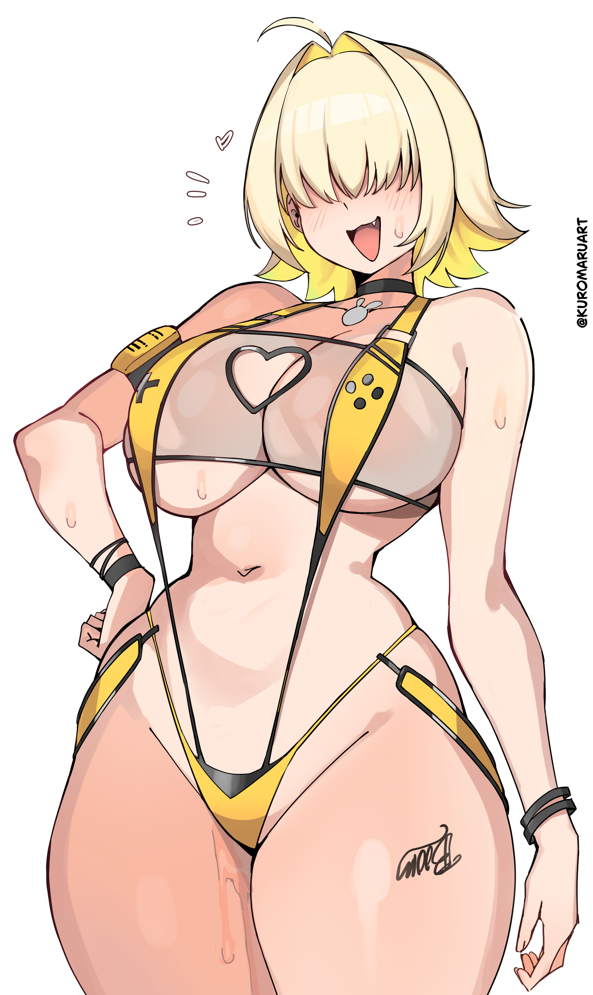 :3, 1girls, ahoge, blonde hair, blush, choker, cute fang, elegg (boom and shock) (nikke), elegg (nikke), female, female only, goddess of victory: nikke, hair intakes, hair over eyes, heart, kuromaruart, navel, slim waist, sling bikini, solo, swimsuit, tagme, white background