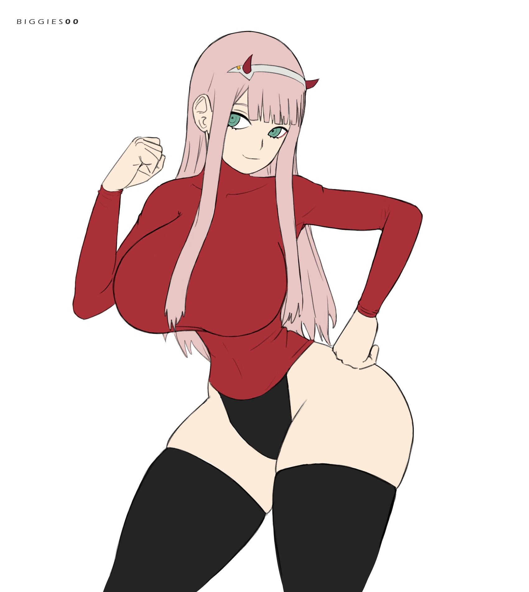 1girls, ass, big breasts, biggies00, breasts, darling in the franxx, female, huge ass, huge breasts, huge butt, thick thighs, thighhighs, white background, zero two (darling in the franxx)