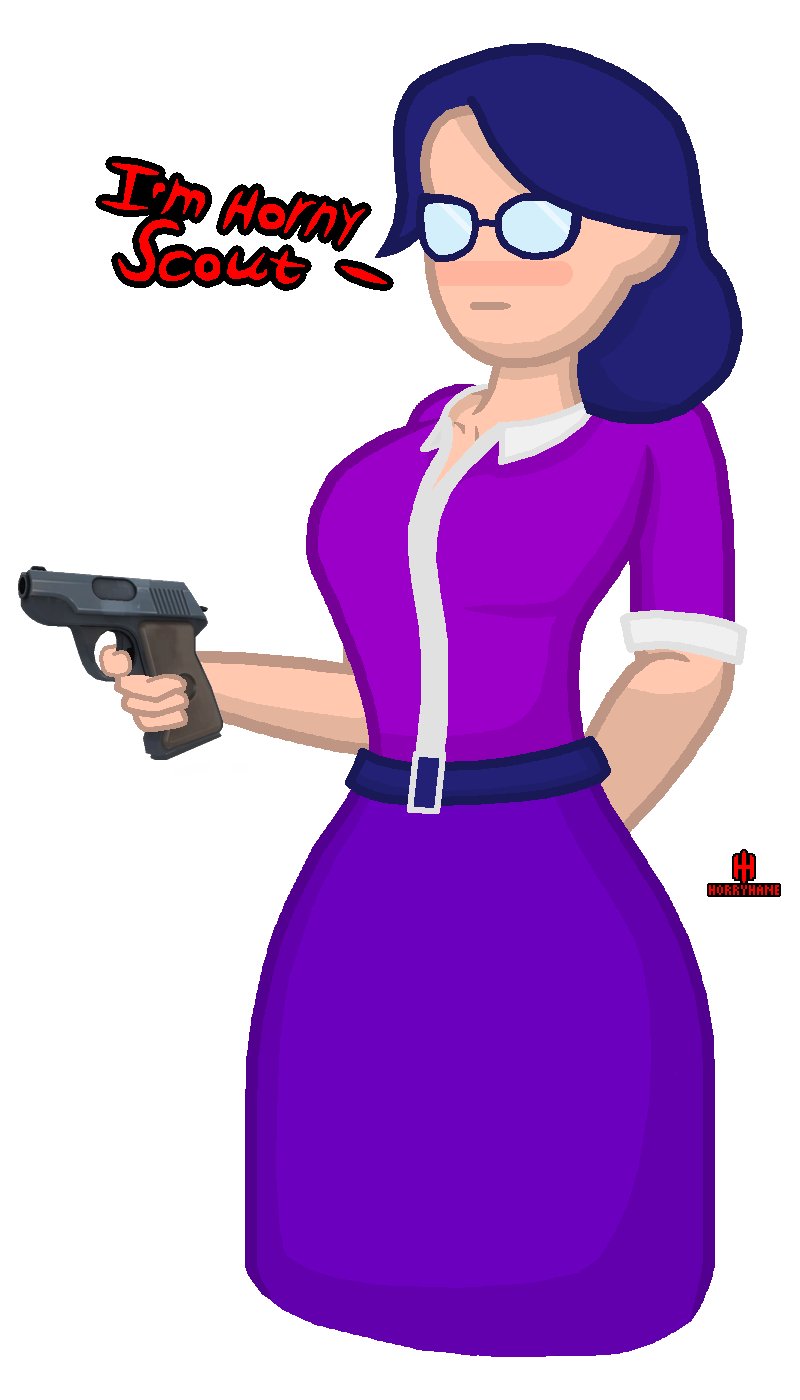 2d artist_logo artist_name blush clothed english_text female female_only glasses gun hand_behind_back horny horryhane miss_pauling team_fortress_2 transparent_background valve weapon