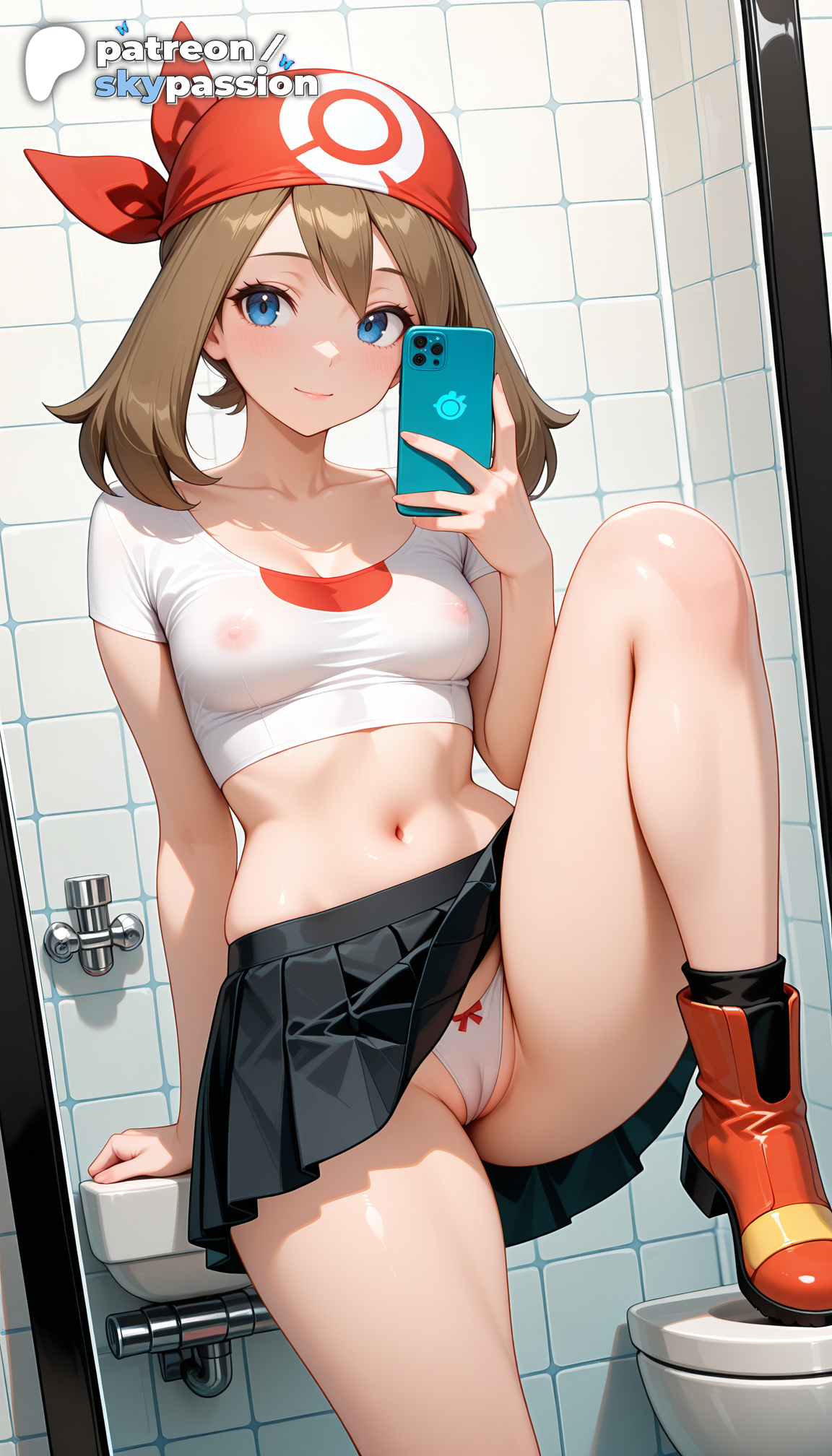 1girls, 2026, ai assisted, ai generated, anime, argyle background, artist name, bathroom, bathtub, breasts, brick, brick floor, brick wall, brown hair, bust, ceiling, explicit, hexagon, hi res, high quality, high resolution, highres, holding, honeycomb background, may (pokemon), nintendo, no bra, panties, patreon, patreon username, pavement, pokemon, restroom, see-through, shower (place), silk, skypassion, stable diffusion, stone floor, stone wall, tile floor, tile wall, tiles, toilet, toilet paper, watermark
