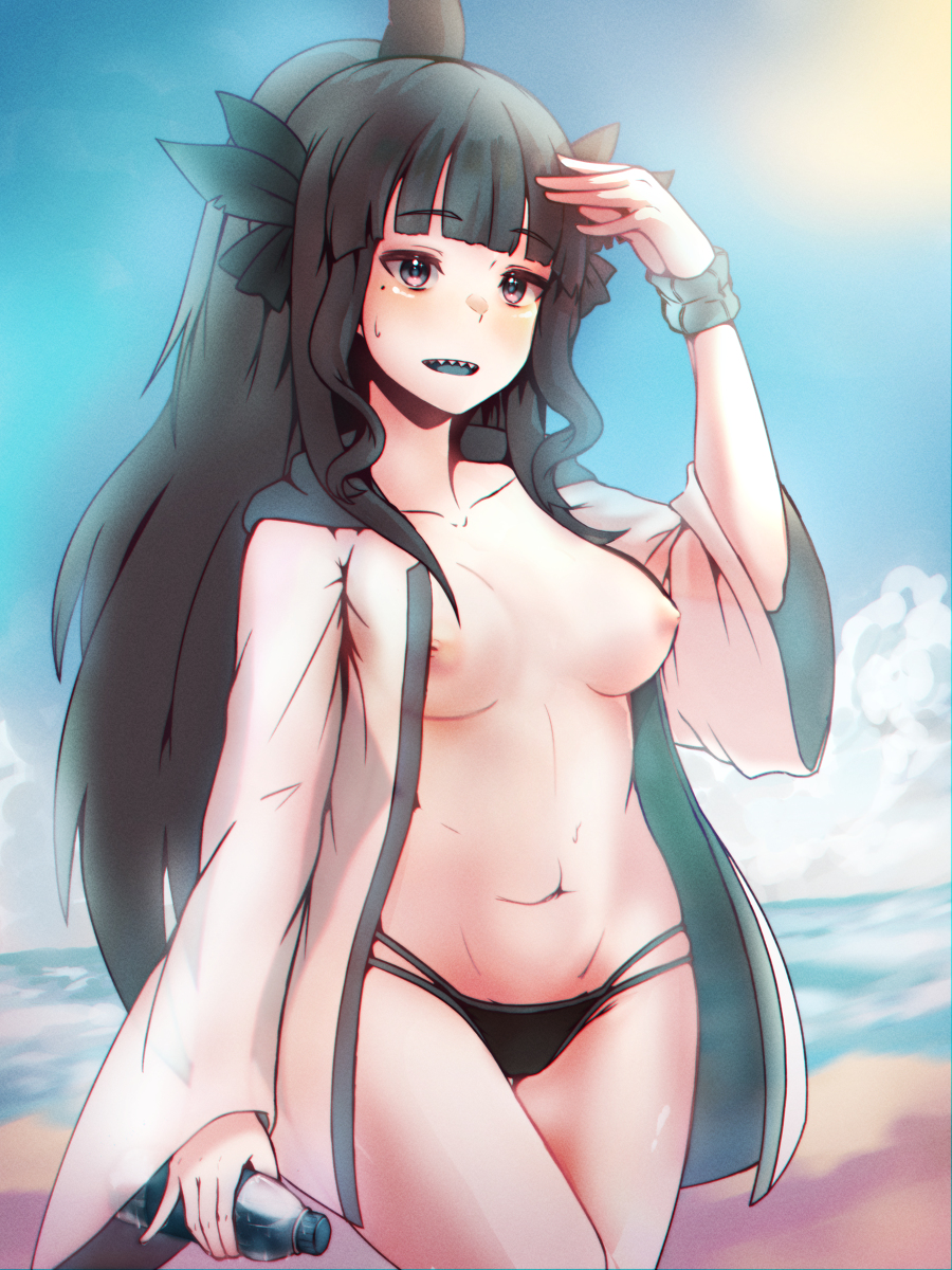 artemis_of_the_blue atelier_live beach black_hair blue_tongue bottle coat indie_virtual_youtuber neroshi panties sharp_teeth virtual_youtuber