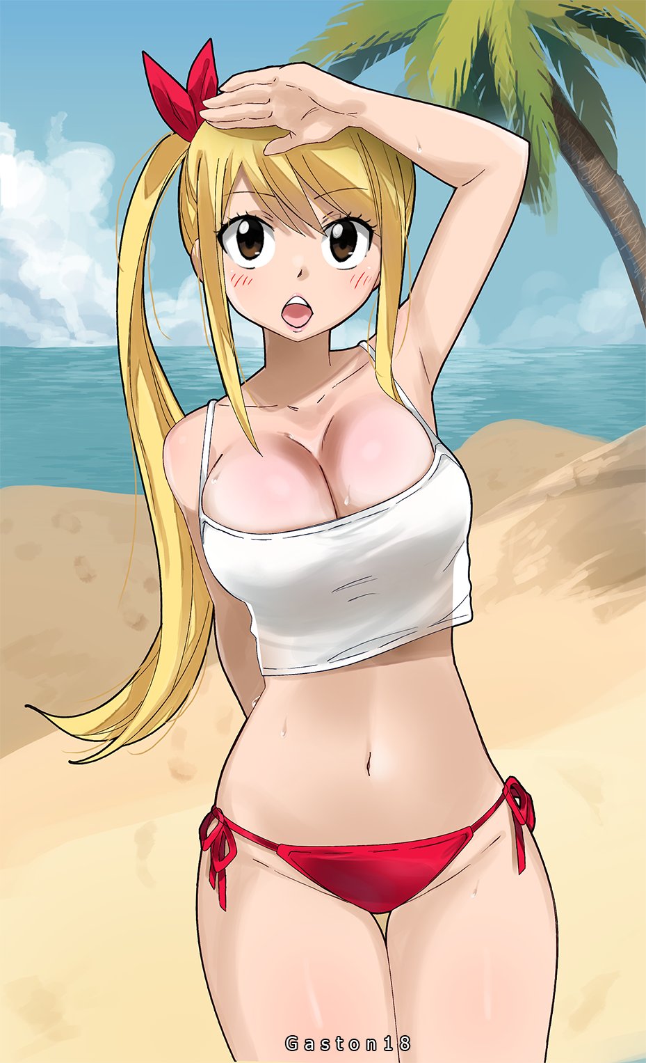 1girls, beach, bikini, bikini bottom, blonde hair, blonde-haired female, breasts, fairy tail, female, gaston18, large breasts, looking at viewer, lucy heartfilia, panties, solo, tagme, tank top, thick thighs