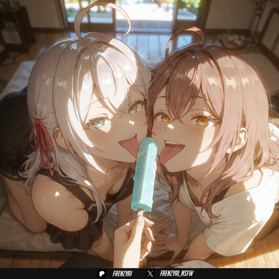 1boy, 2girls, ahoge, ai generated, alisa mikhailovna kujou, all fours, bangs, bare shoulders, black shirt, blue eyes, blurry, blurry background, blush, breasts, brown eyes, brown hair, cleavage, collarbone, crossed bangs, downblouse, food, frenzyai, hair between eyes, hair ribbon, holding, holding food, indoors, licking, long hair, looking at viewer, multiple girls, off shoulder, off-shoulder shirt, open mouth, pants, popsicle, pov, red ribbon, ribbon, saliva, sexually suggestive, shirt, short sleeves, shorts, sisters, small breasts, smile, teeth, tokidoki bosotto russian de dereru tonari no alya-sanmaria mikhailovna kujou, tongue, tongue out, upper teeth only, white hair, white shirt, wooden floor