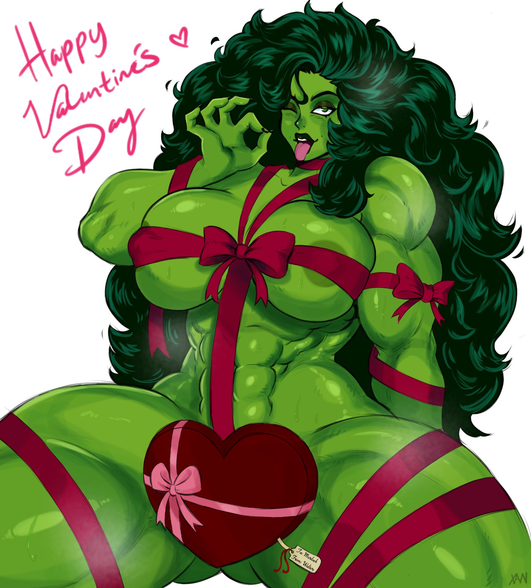 1girls, 2d, abs, big breasts, breasts, chocolate box, color, convenient censoring, exposed areolae, fellatio gesture, female, female only, full color, green body, green eyes, green hair, green skin, green-skinned female, hair between eyes, hand gesture, heart-shaped box, huge breasts, hulk (series), jennifer walters, large breasts, long hair, marvel, marvel comics, muscles, muscular, muscular female, nipples visible, nude, nude female, one eye closed, ribbon, ribbon only, she-hulk, solo, thick thighs, thigh up, tongue, tongue out, valentine's day, wide hips, wink, winking at viewer, xanman art