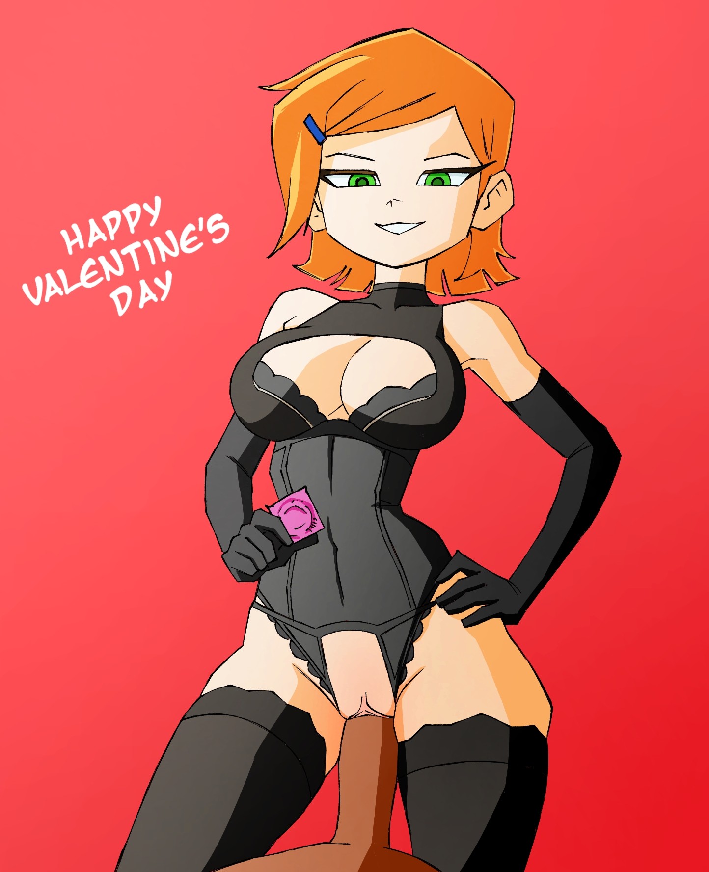 1boy, 1girls, ben 10, ben 10 (classic), breekn, brikmk, condom, cowgirl position, female, green eyes, gwen tennyson, gwen tennyson (classic), happy, lingerie, male, orange hair, penis, pov, sex, simple background, text, vaginal penetration