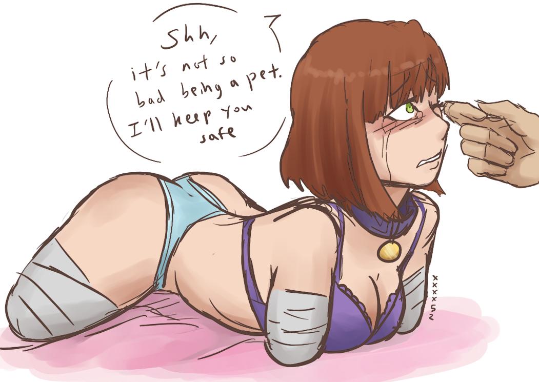 amputee, bandages, bondage, bra, brown hair, crying, dialogue, english text, female, femsub, panties, petplay, pillow, quadruple amputee, slave, text, xxxx52