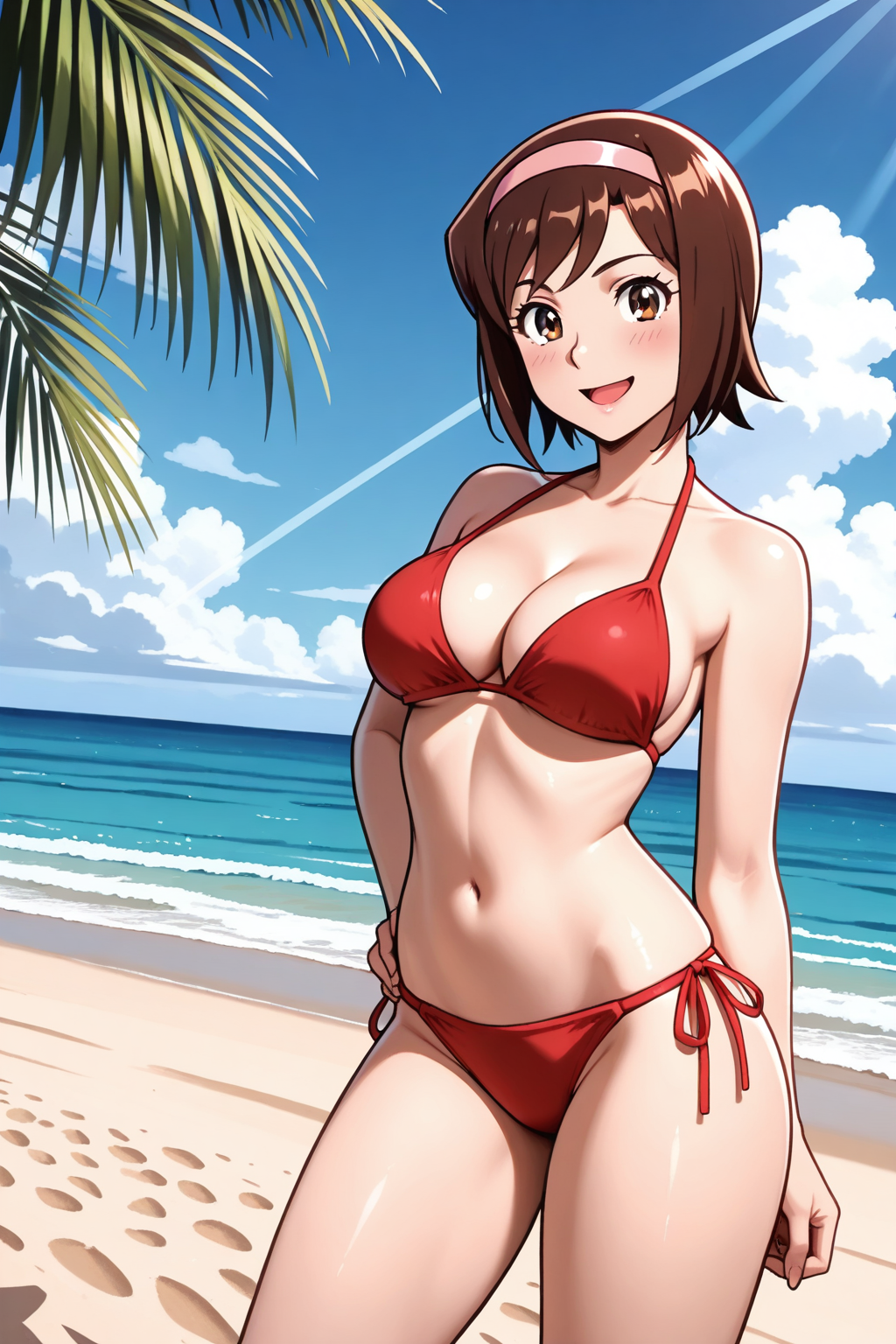1girl :d ai-created ai_generated bare_shoulders beach bikini blue_sky blush breasts brown_eyes brown_hair cleavage cloud collarbone contrapposto cowboy_shot day devilman female hairband halterneck hand_on_own_hip large_breasts looking_at_viewer medium_breasts miki_makimura navel ocean open_mouth outdoors palm_tree pink_hairband pixiv red_bikini rena_aikawa_(pixiv_user) sand short_hair side-tie_bikini_bottom sky smile solo stable_diffusion standing stomach string_bikini sunlight swimsuit tree