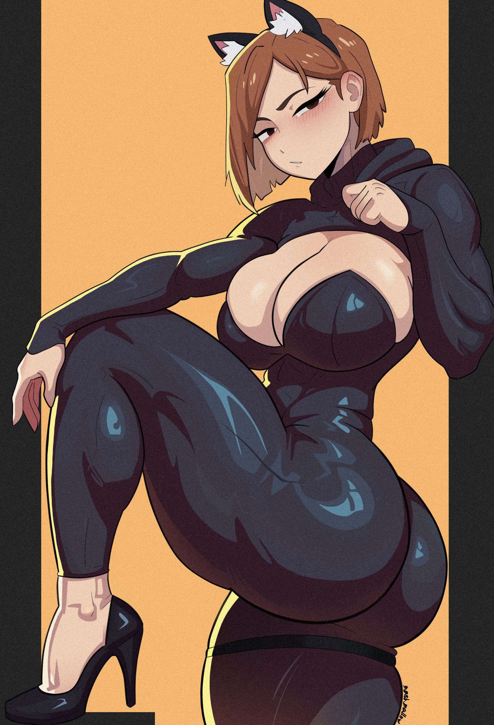 1girls, big ass, big breasts, bodysuit, catsuit, curvy figure, female, female only, friedmashmallow, jujutsu kaisen, kugisaki nobara, shrug (clothing), skin tight, solo, tight clothes, tight clothing, voluptuous female