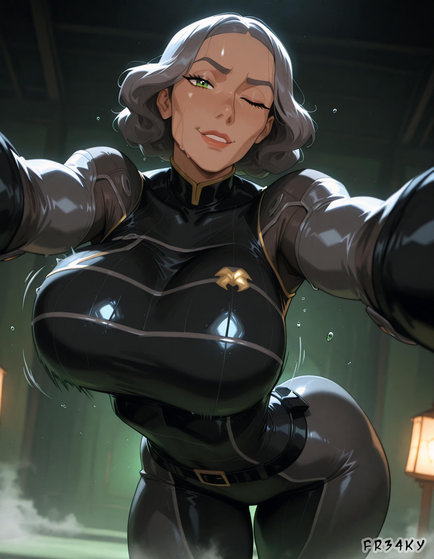 1girls, ai generated, big breasts, breasts, cleavage, female, female only, fr34ky, grey hair, huge breasts, large breasts, lin bei fong, mature female, milf, older female, the legend of korra