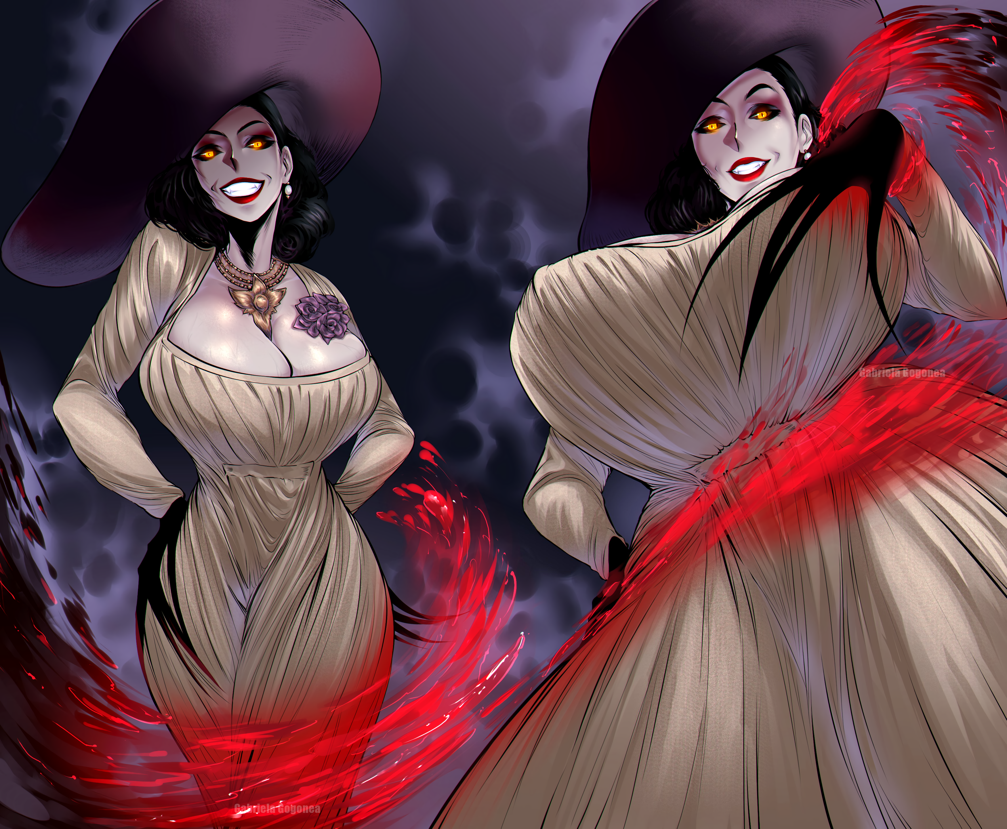 alcina dimitrescu, black hair, blood, breasts, breasts bigger than head, busty, capcom, claws, cleavage, dress, female, gabriela gogonea, glowing eyes, hat, jewelry, large breasts, light skin, light-skinned female, lips, lipstick, pale skin, pale-skinned female, red lips, red lipstick, resident evil, resident evil 8: village, smile, solo, wide hips, yellow eyes