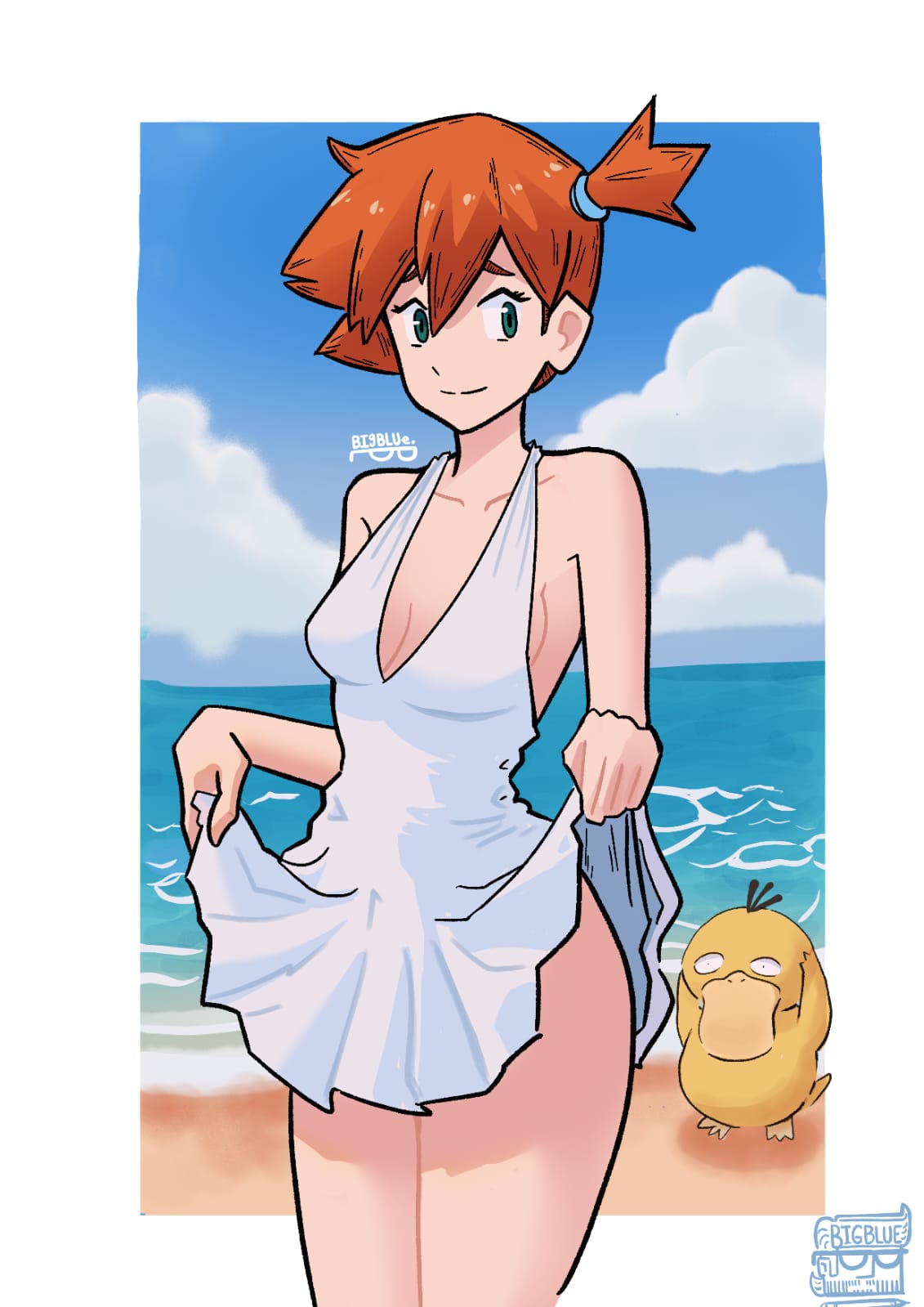 asymmetrical hair, bare arms, bare shoulders, beach, blue sky, breasts, cleavage, closed mouth, clothes lift, clothes pull, cloud, day, dress, dress lift, female, gen 1 pokemon, green eyes, hair between eyes, hair tie, halter dress, halterneck, kasumi (pokemon), lifting own clothes, looking at viewer, medium breasts, nintendo, no bra, no panties, ocean, orange hair, outdoors, plunging neckline, pokemon, pokemon (anime), pokemon (classic anime), pokemon rgby, ponytail, psyduck, sand, short dress, short hair, side ponytail, sideboob, sky, sleeveless, sleeveless dress, small breasts, smile, solo, standing, sundress, thighs, water, white dress