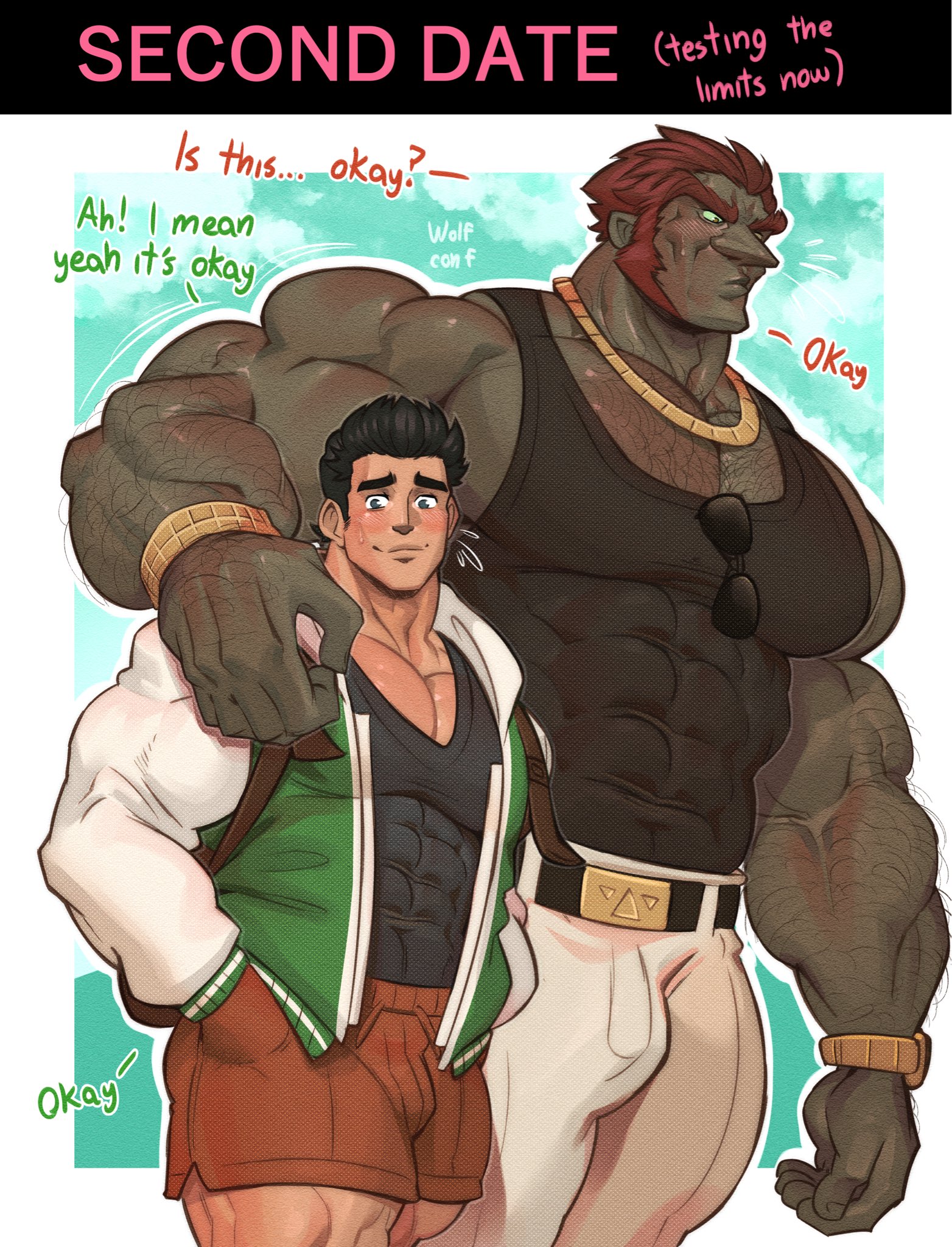2boys, abs, age difference, arm around shoulders, arm hair, bara, big bulge, big muscles, big pecs, black hair, blush, bulge, chest hair, couple, crossover, daddy, dark skin, dark-skinned male, dialogue, dilf, flaccid, ganondorf, ganondorf (ocarina of time), gay, gerudo, hair, hairy, hairy chest, hairy male, huge muscles, huge pecs, human, human on humanoid, humanoid, humanoid on human, hunk, interracial, interspecies, larger humanoid, larger male, light skin, light-skinned male, little mac, male, male focus, male only, male/male, mature, mature male, muscular, muscular human, muscular humanoid, muscular male, nintendo, ocarina of time, older humanoid, older humanoid younger human, older man and younger boy, older on young, pecs, punch out, punch-out!!, red hair, romantic, romantic couple, sideburns, size difference, smaller human, smaller male, standing, super smash bros., tank top, the legend of zelda, wolf con f, younger human, younger male