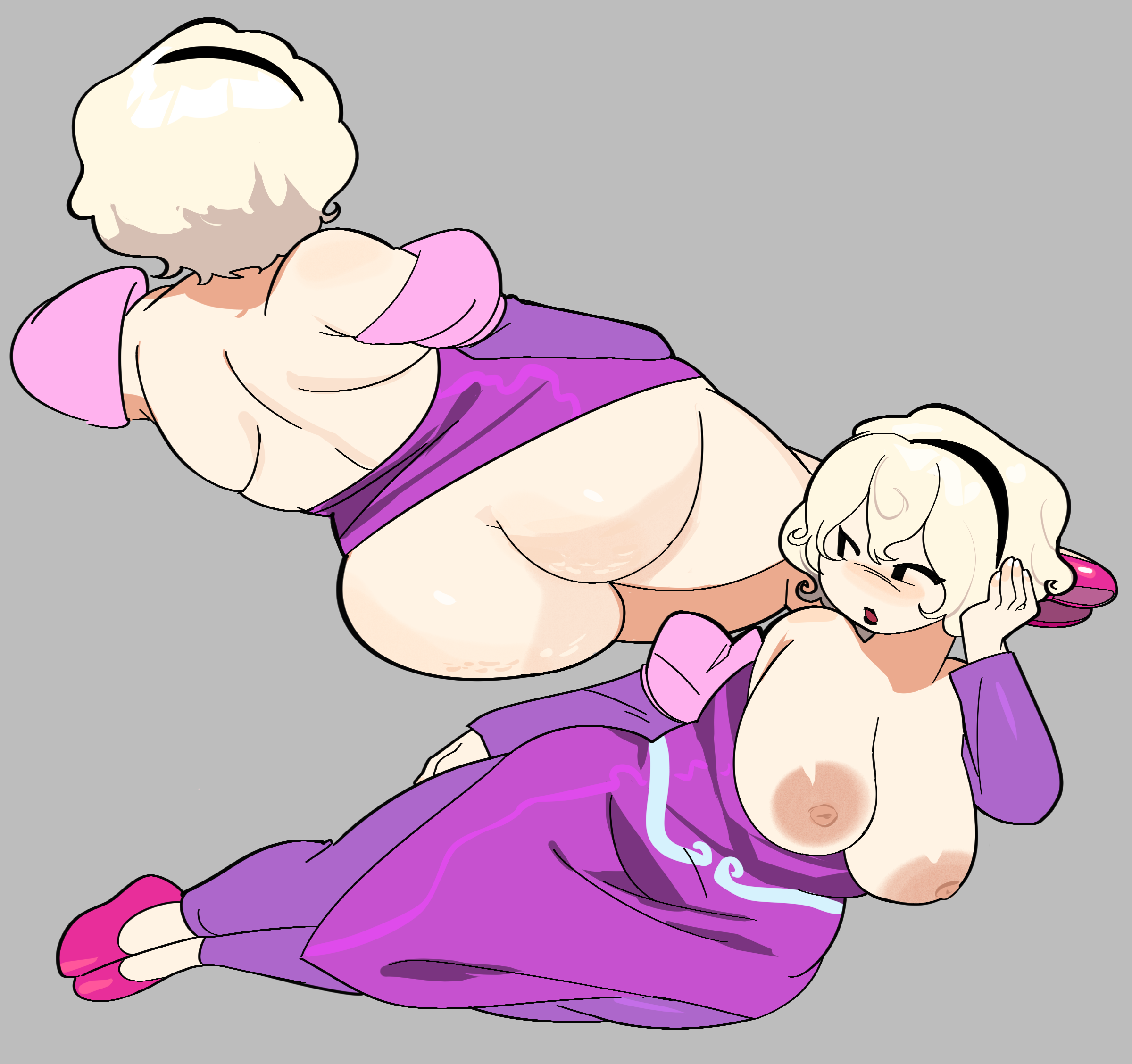 anonymous artist, big breasts, cellulite, chubby, curly hair, homestuck, lying on side, partially clothed, rose lalonde