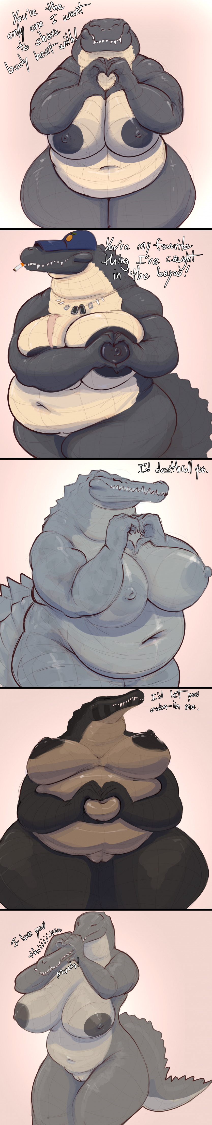 absurd res, alligator, alligatorid, amelia (doctordj), anthro, baseball cap only, belly, big belly, big breasts, breasts, caiman, cigarette, cigarette in mouth, crocodile, crocodilian, doctordj, female, gavialid, genitals, gesture, gharial, grey body, grey scales, hat over eyes, heart gesture, hi res, holidays, huge breasts, huge hips, huge thighs, long image, long snout, nipples, non-mammal breasts, non-mammal nipples, nude, nude female, object in mouth, olivia (doctordj), overweight, overweight anthro, overweight female, reptile, scales, scalie, scar, sharp teeth, shay (doctordj), snout, tail, tall image, teeth, thick tail, thick thighs, valentine's day, vulva, wide hips