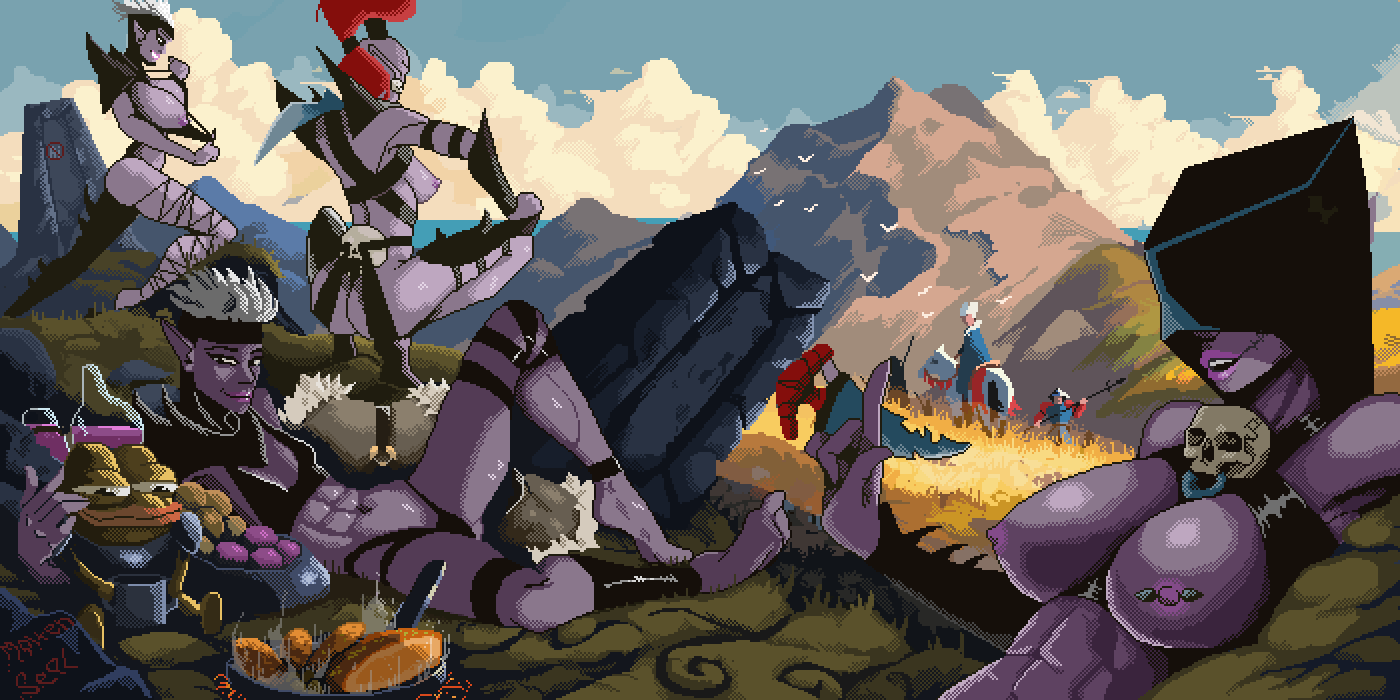 abs armor barefoot big_breasts bra breasts detailed_background dominant_female drukhari earrings elf elf_ears feet food fruit guard headgear holding_object hood_down horse latex laying_down long_hair medium_breasts moltenseal_(artist) mommy_kink mommy_milkers mountain multiple_girls muscular_female nipple_piercing nipples panties pepe_the_frog pixel_(artwork) pixel_art purple_body purple_lipstick red_hair scenery short_hair sideboob skull_crushing_thighs skull_head small_breasts smiling squatting thigh_gap thighs warhammer_(franchise) warhammer_fantasy weapon white_hair