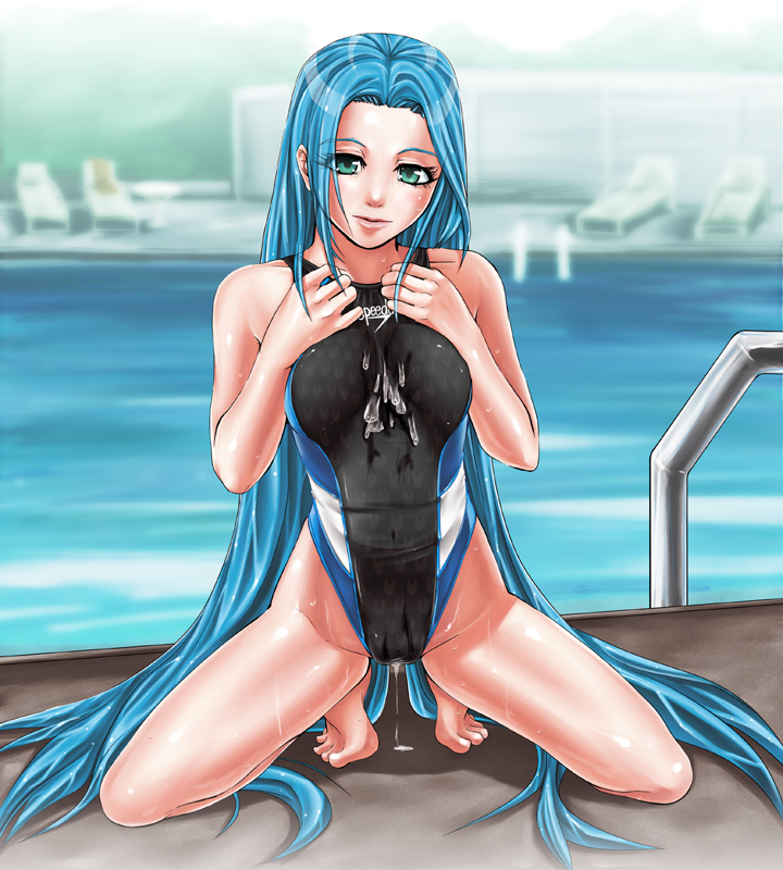 barefoot blue_hair competition_swimsuit copyright_request cum feet green_eyes inoue_makito kneeling long_hair one-piece_swimsuit pool shiny shiny_skin spread_legs squat squatting swimsuit