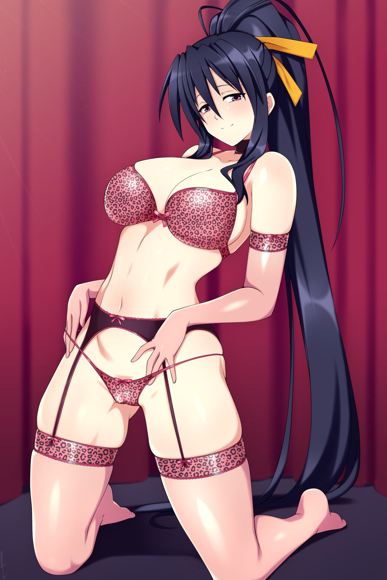 akeno himejima, bra, elbow gloves, female, garter belt, garter straps, gloves, high school dxd, lindaroze, lingerie, navel, panties, stockings