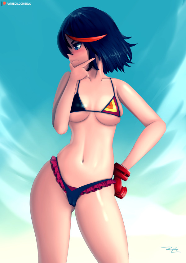 1girls, big breasts, bikini, black hair, black-haired female, breasts, embarrassed, female, hiding face, kill la kill, matoi ryuuko, shy, straight hair, thighs, zelc-face