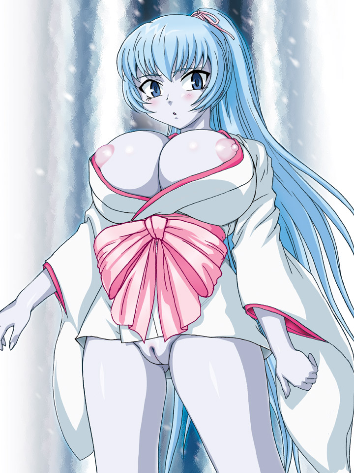 1girls aoi_(gegege_no_kitarou) blue_hair blue_skin blush breasts female gegege_no_kitarou genka_ichien humanoid japanese_clothes kimono large_breasts monster_girl nipples obi pussy youkai yuki_onna