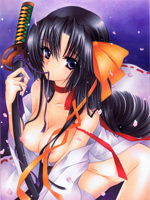 black_hair breasts hair_ribbon katana kurugaya_yuiko little_busters little_busters! long_hair mouth_hold nipples purple_eyes pussy ribbon sword weapon