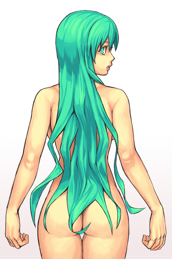 1girls alternate_hairstyle alternative_hairstyle ass back backboob breasts censor_hair censored convenient_censoring female from_behind green_eyes green_hair hair_down hatsune_miku long_hair looking_back medium_breasts nude solo thigh_gap very_long_hair vocaloid yuuji_(and)