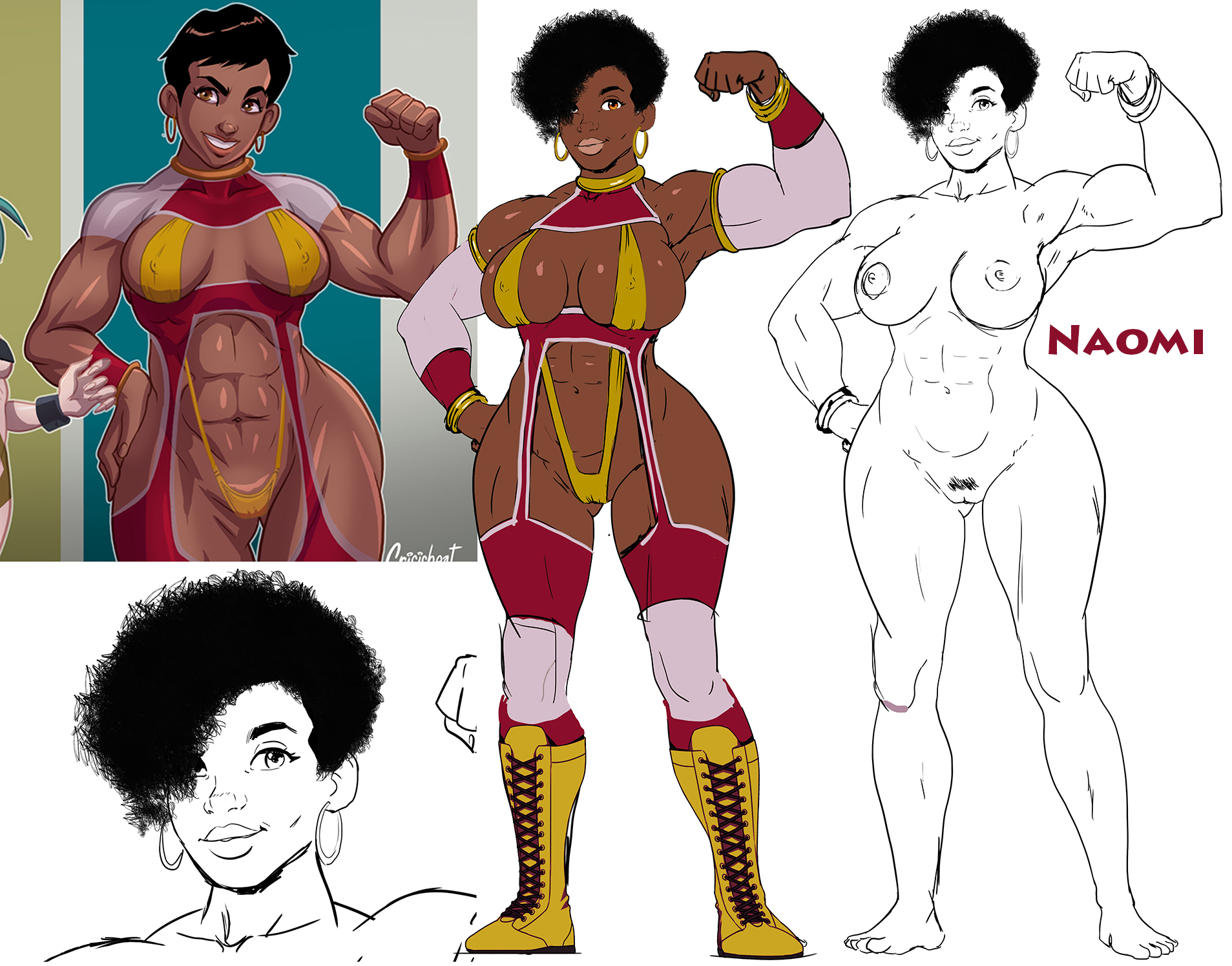 1girls, abs, athletic, athletic female, battle maidens, boots, breasts, brown eyes, busty, clothing, crisisbeat, curly hair, dark skin, dark-skinned female, digital drawing (artwork), digital media (artwork), female, first porn of character, gloves, hips, hoop earrings, hourglass figure, legs, lips, lipstick, medium breasts, muscular, muscular female, naked, naomi (battle maidens), nude, nude female, partially clothed, pose, posing, sketch, skimpy, thighs, toned, toned female, voluptuous, wrestler, wrestling, wrestling outfit