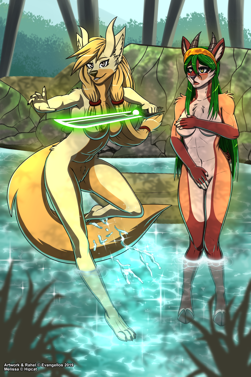 2019 4_toes 5_fingers amber_eyes antelope anthro black_nose blonde_hair blush bovid breasts brown_body brown_fur canid canine canis chest_tuft claws covering covering_breasts covering_crotch covering_self digital_media_(artwork) domestic_dog duo embarrassed embarrassed_nude_exposure embarrassed_nude_female evangellos_(artist) feet felid female fighting_pose finger_claws fingerless_gloves_(marking) fingers forest fur gazelle genitals glowing_sword green_hair hair hi_res holding_object holding_sword holding_weapon hooved_toes horn humanoid_hands hybrid inner_ear_fluff long_hair looking_at_another looking_at_viewer mammal melee_weapon melissa_(hipcat) nature navel nipples nude nudist on_one_leg outside partially_submerged paws plant pose pubes public public_nudity pussy rahel_(evangellos) raised_leg skinny_dipping smile standing story story_in_description sword tan_body tan_fur toe_claws toes tree tuft water weapon