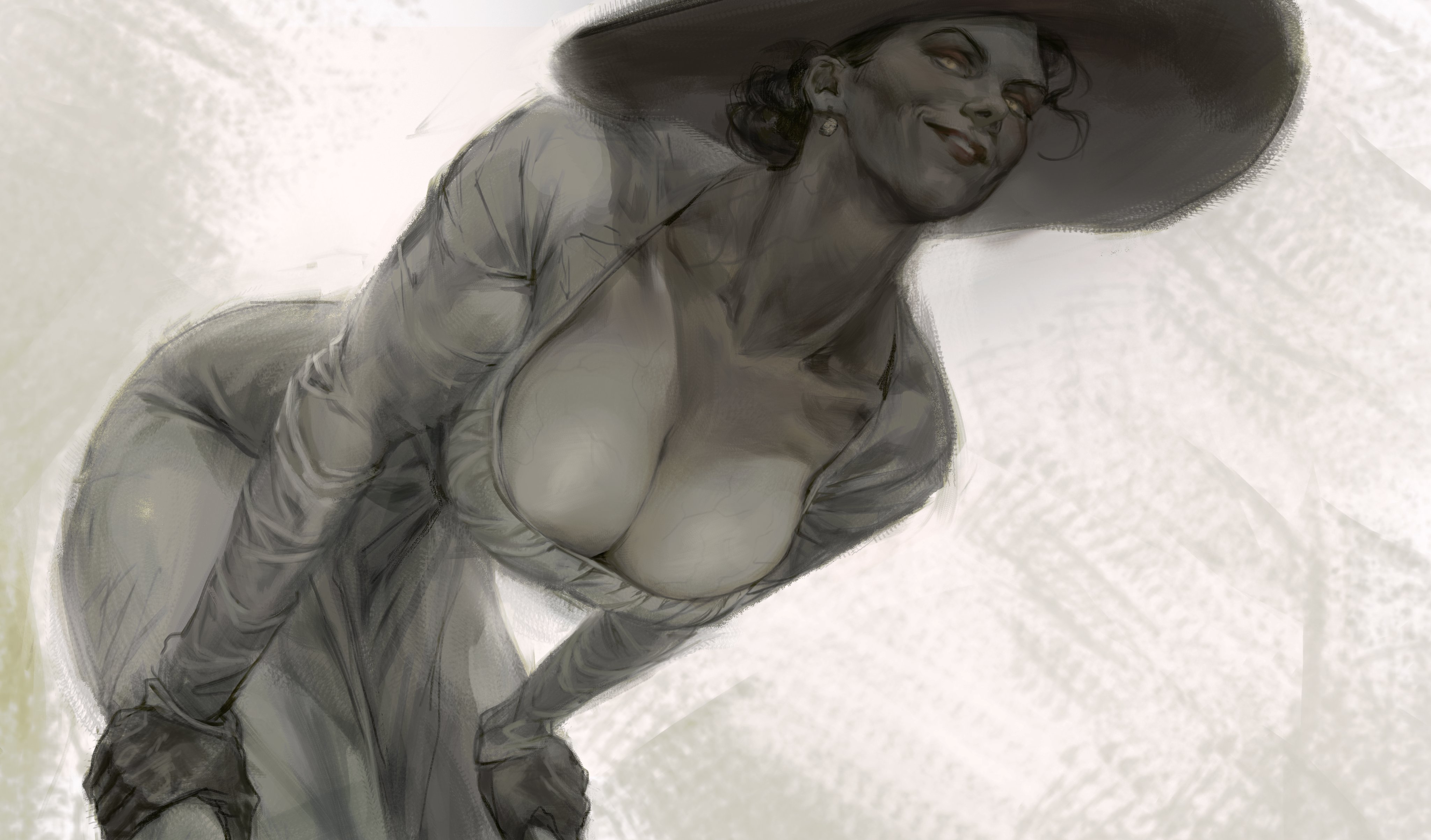 1girls, alcina dimitrescu, bending over, black hair, bow, breasts, busty, capcom, cleavage, dress, female, female only, gloves, glowing eyes, hat, large breasts, light skin, light-skinned female, looking down, low cut top, mature, mature female, milf, pale skin, pale-skinned female, resident evil, resident evil 8: village, smile, solo, solo female, sun hat, vales arts, white dress, yellow eyes