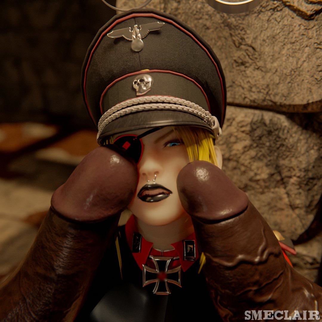 1girls, 2boys, 3d, big penis, black lipstick, blonde hair, dark skin, dark-skinned male, eclairsm, eye patch, fem ss officer, female, group, huge cock, imminent rape, interracial, iron cross, large penis, looking at viewer, male, nazi, nose, nose piercing, penis, penis on face, piercing, rape, sarah bryant, size difference, smaller female, virtua fighter