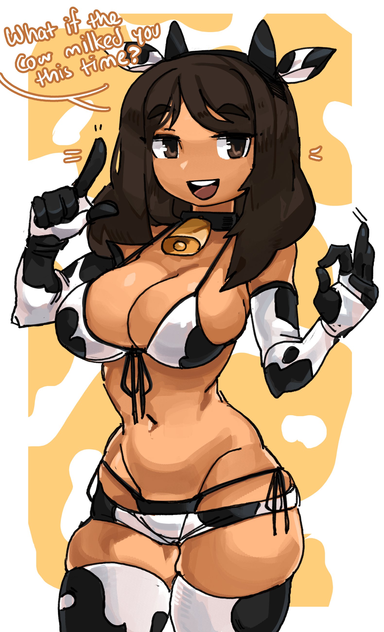 1girls, bikini, brown eyes, brown hair, cleavage, cow ears, cow girl, cow horns, cow print, cow print bikini, cow print gloves, cow print thighhighs, cowbell, dialogue, elbow gloves, english text, fake ears, fake horns, female, female only, gesture, long hair, looking at viewer, short shorts, side-tie panties, solo, solo female, thick thighs, thigh squish, very high resolution, zanamaoria