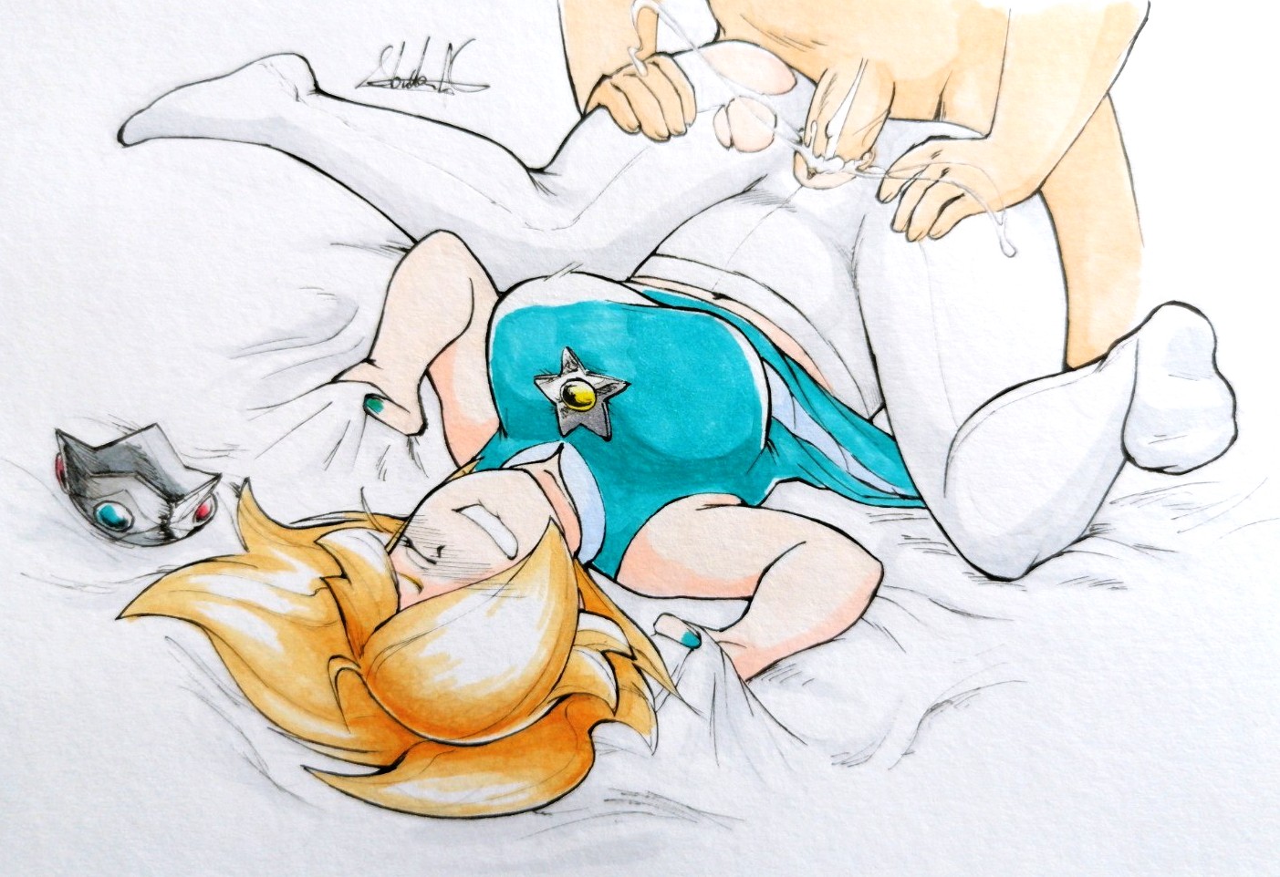 1boy, 1girls, abesdrawings, big breasts, blonde hair, blush, breasts, crown, cum, cum in pussy, cum inside, drawn, dress, edit, female, happy sex, lip biting, long hair, male, mario (series), mario tennis, penis, princess rosalina, pussy, sex, shaved pussy, tights, unseen male face, vaginal