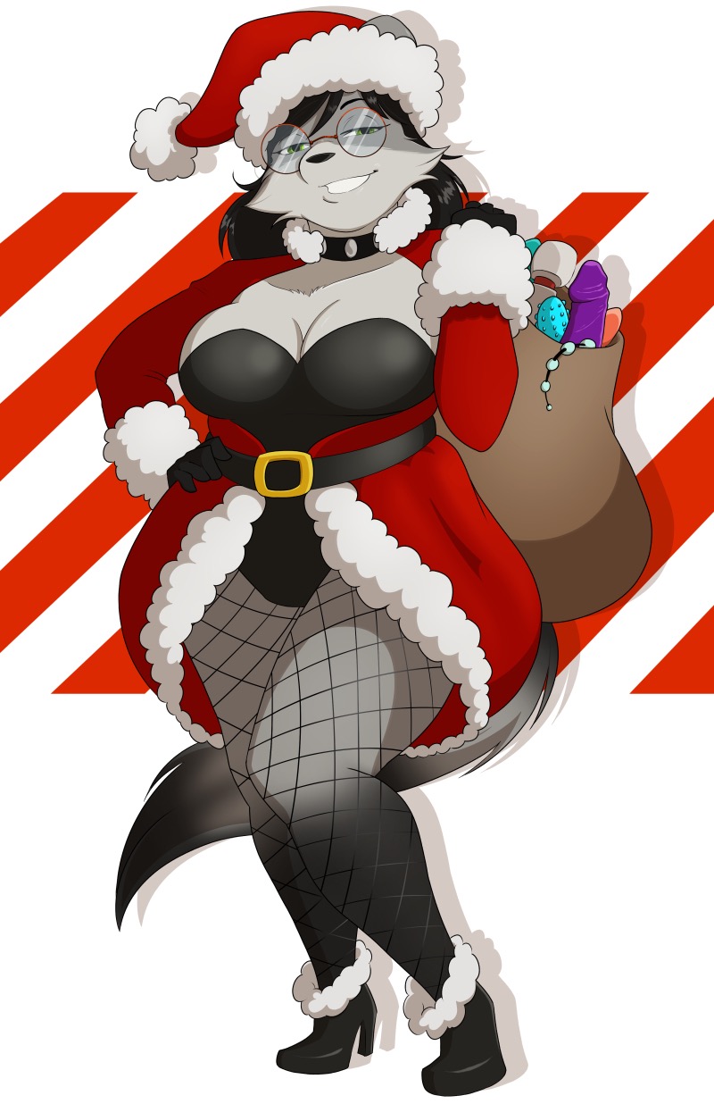 anthro bag black_hair breasts cheek_tuft christmas christmas_clothing christmas_headwear cleavage clothed clothing dildo evonallure facial_tuft female fishnet fishnet_legwear footwear fur grey_body grey_fur hair hat headgear headwear hi_res high_heels holidays legwear mammal procyonid raccoon santa_hat sex_toy shoes solo tuft vibrator