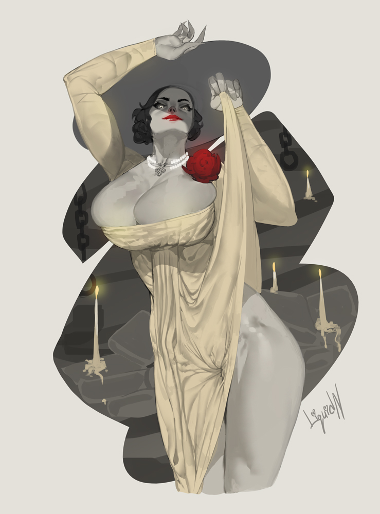 1girls, alcina dimitrescu, breasts, cleavage, female, female only, hourglass figure, huge breasts, large breasts, liquidn, looking at viewer, resident evil, resident evil 8: village, solo, thick thighs, wide hips