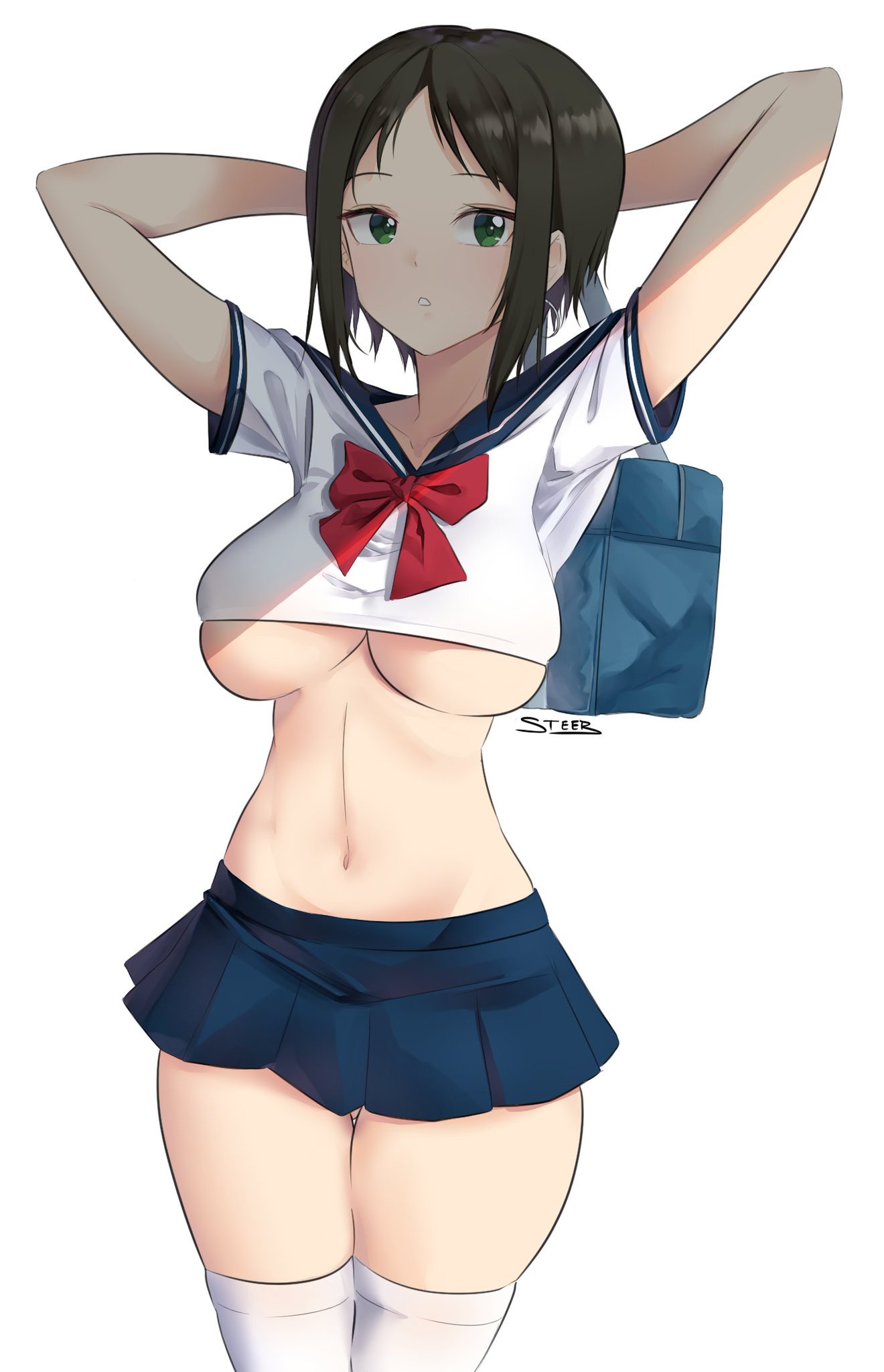 1girls, atlus, bow, breasts, female, green eyes, marie (persona 4), persona, persona 4, persona 4 the golden, sailor collar, sailor uniform, school uniform, short skirt, skirt, steeb, tagme, underboob