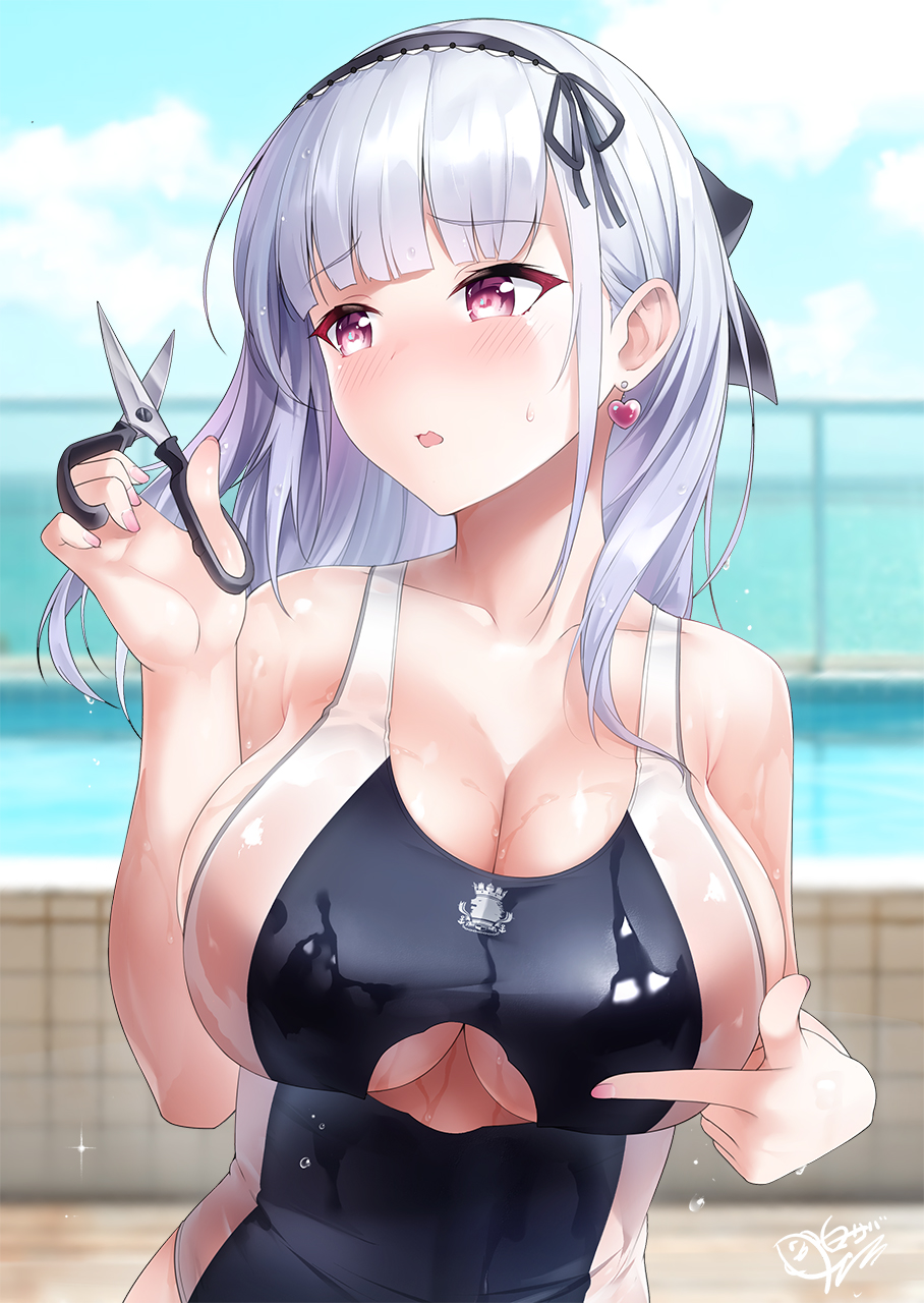 1girls 2020 artist_signature azur_lane blush cleavage cleavage_cutout cowboy_shot cutting_clothes dido_(azur_lane) earrings maid_headdress one-piece_swimsuit public red_eyes scissors shirosaba47 swimsuit underboob wet white_hair