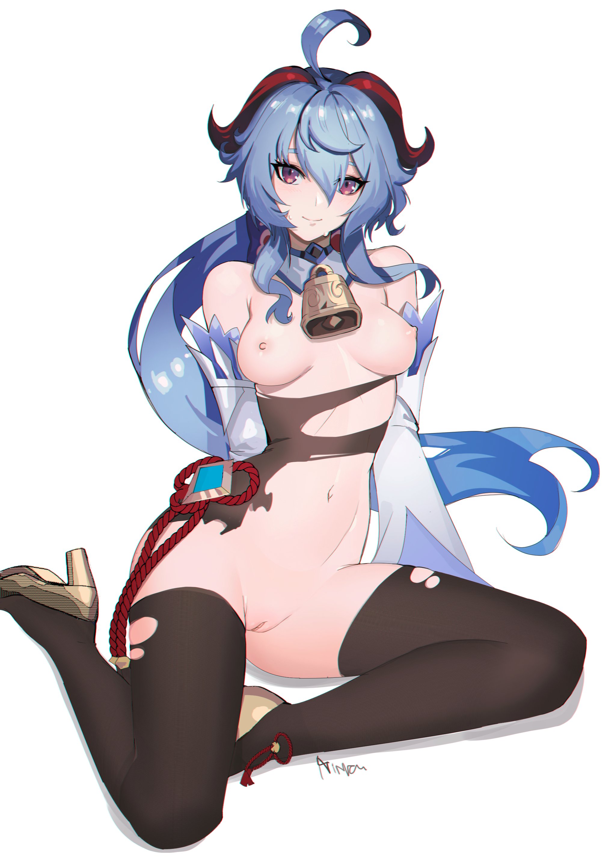 1girls, ahoge, bangs, bell, black legwear, blue hair, blush, breasts, detached collar, detached sleeves, female, ganyu (genshin impact), genshin impact, goat horns, high heels, highres, horns, long hair, looking at viewer, navel, ninra, nipples, nude, purple eyes, pussy, sidelocks, simple background, sitting, smile, solo, torn clothes, torn legwear, very long hair, white background