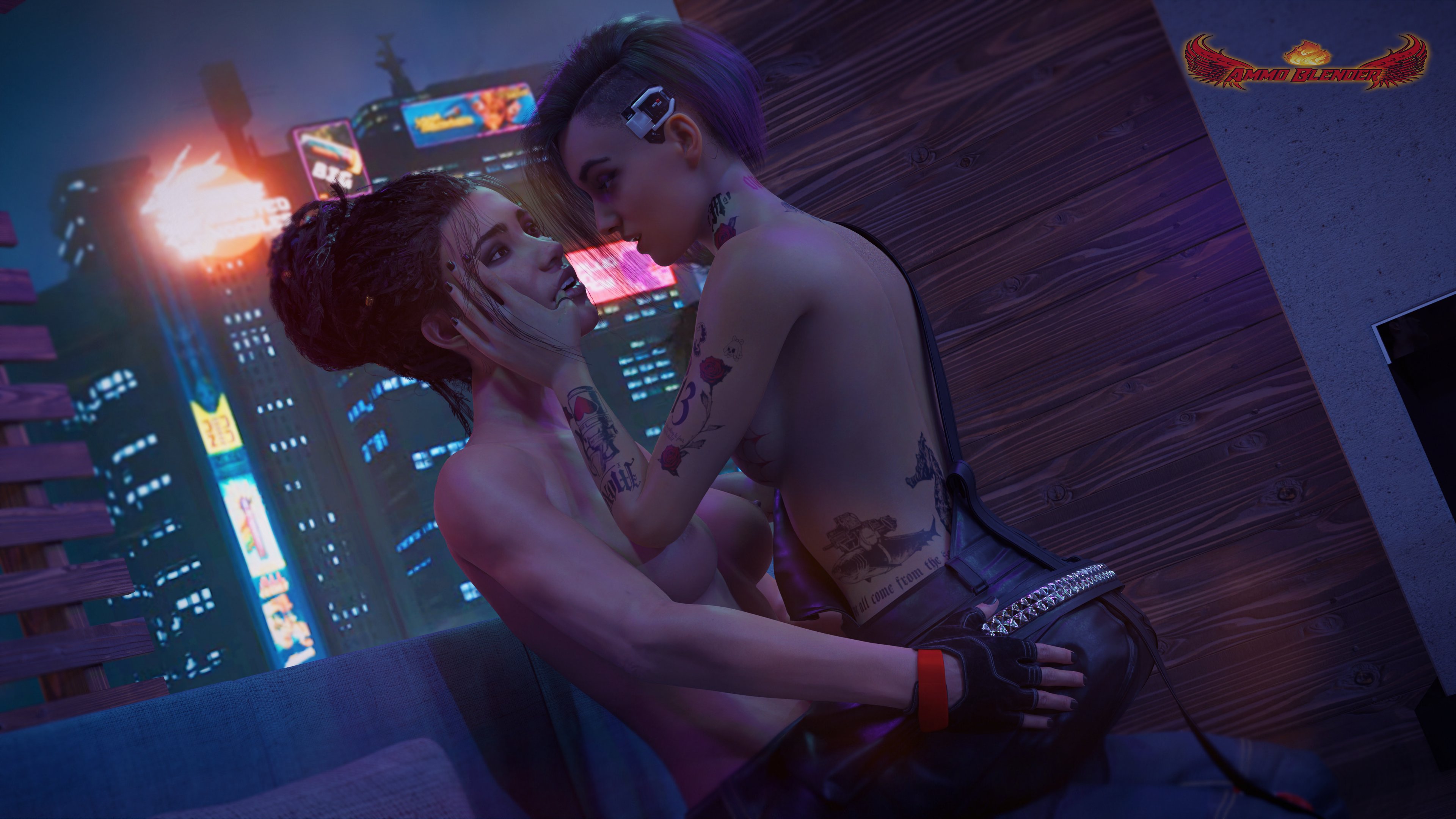 2girls, 3d, ammo blender, arm tattoo, ass, asymmetrical hair, brown hair, cowgirl position, cyberpunk, cyberpunk 2077, female, female only, female/female, hand on ass, hand on head, judy alvarez, latina, lesbian, panam palmer, purple hair, shaved side, tagme, tattoo, topless, yuri
