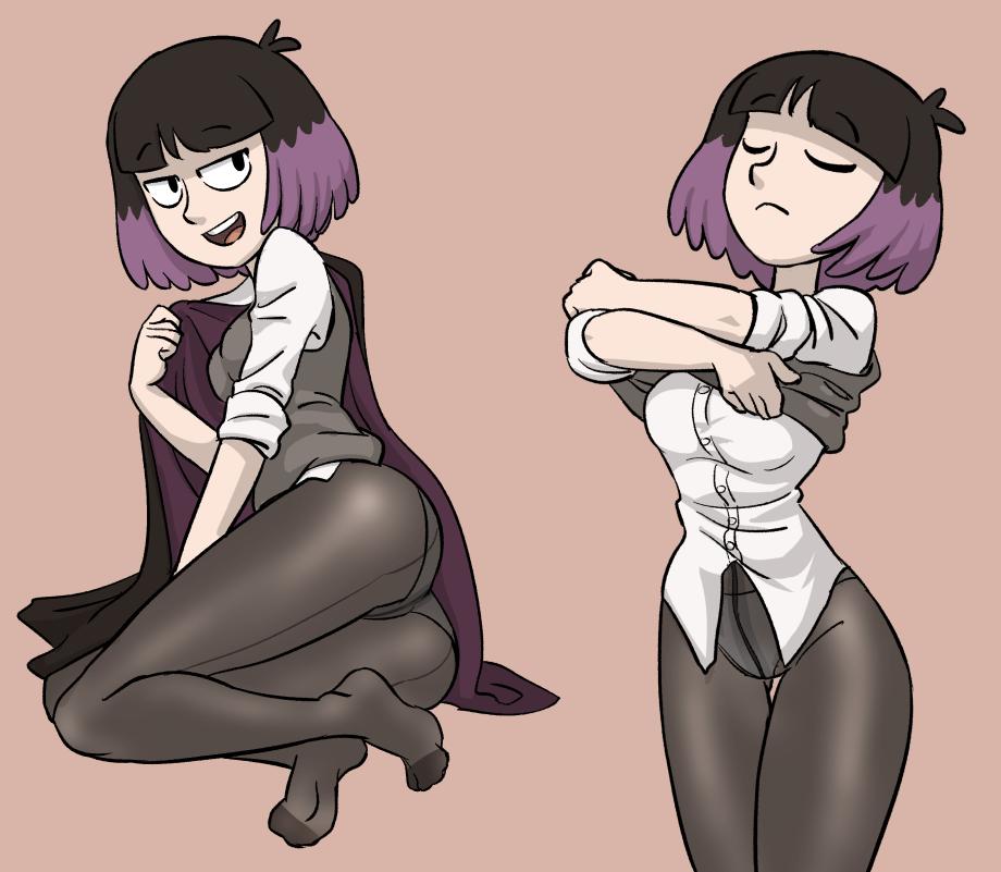 1girls, accurate art style, ass, breasts, centinel303, clothing, curvy hips, feet, female, goth, goth girl, grey vest, hilda (series), human, kaisa (hilda), medium breasts, netflix, official style, outerwear, pale skin, panties, pantyhose, pantylines, pose, posing, purple hair, see-through, see-through clothing, short two-tone hair, taking clothes off, two-tone hair, vest, witch