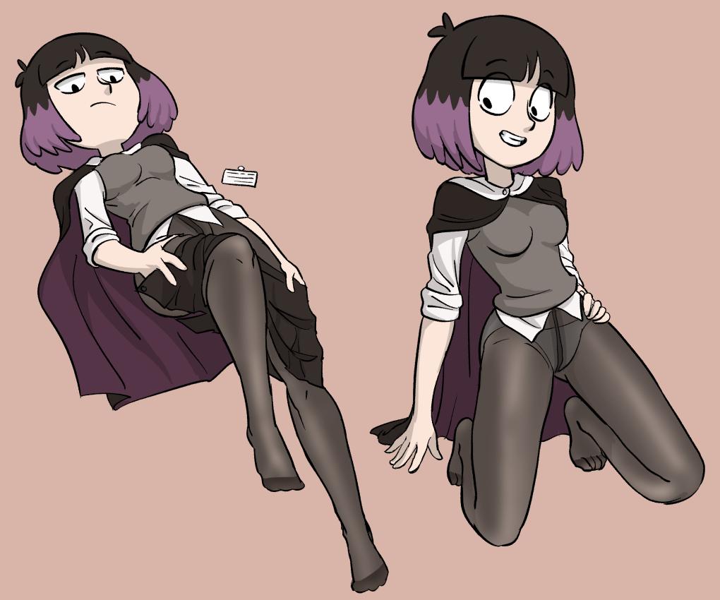 accurate art style, breasts, centinel303, female, goth, goth girl, grey vest, hand on hip, hilda (series), kaisa (hilda), medium breasts, official style, panties, pantyhose, pantylines, pose, posing, purple hair, see-through, see-through clothing, two-tone hair, vest, witch