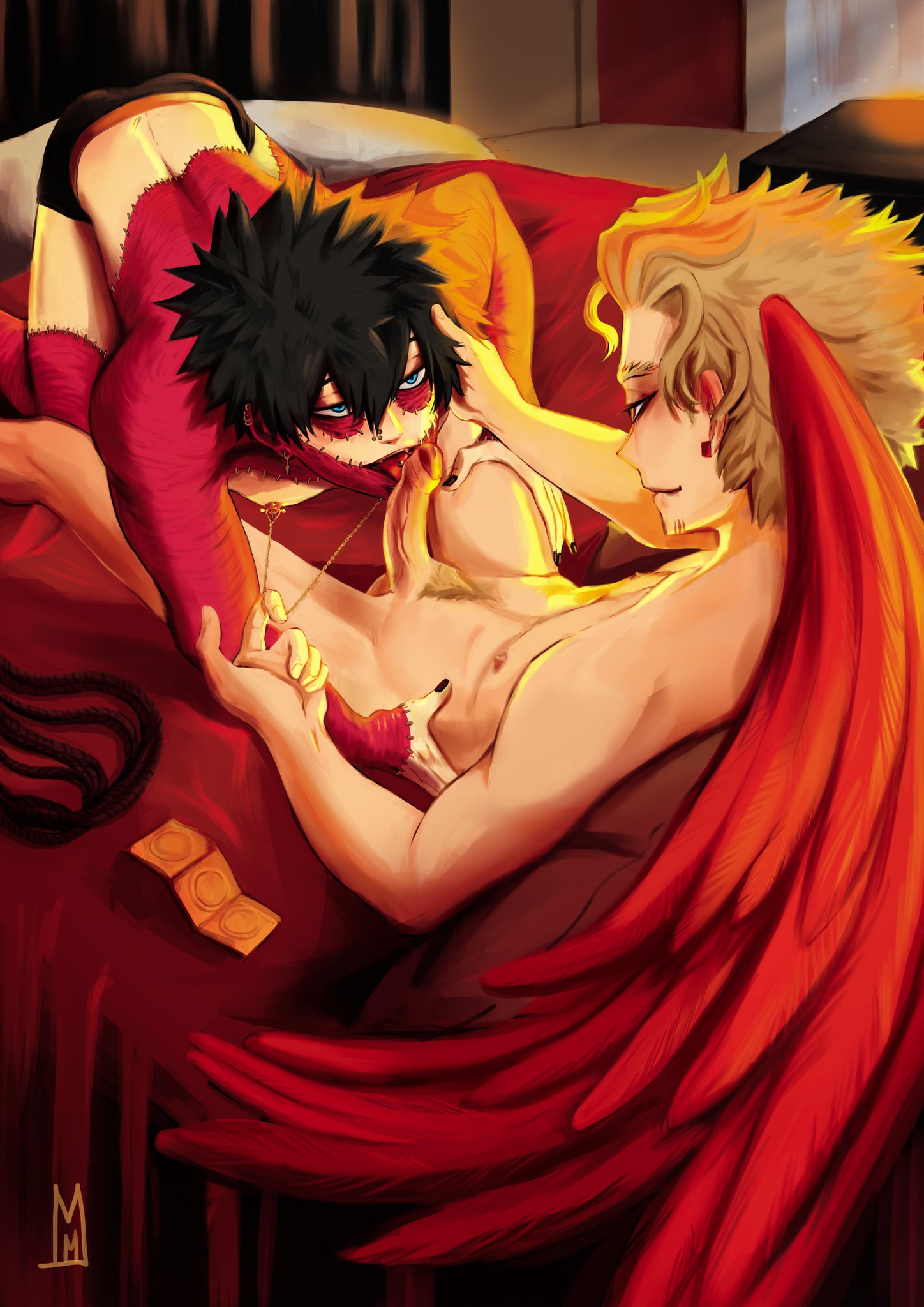 2boys, ass, ass up, bare arms, bare back, bare legs, bare midriff, bare thighs, bed, bedroom, black hair, black nail polish, black nails, blonde eyebrows, blonde hair, blonde pubic hair, blowjob, blue eyes, boku no hero academia, burn scar, condom, condom wrapper, dabi, feathered wings, feathers, gay, genitals, hand on head, hand on thigh, hawks (my hero academia), keigo takami, lying on bed, male, male/male, my hero academia, nail polish, nipple chain, nipple clamps, nipples, nude, nude male, open mouth, oral, oral sex, penis, penis lick, piercing, piercings, pubes, pubic hair, scar, scars, takami keigo, tipehomie, todoroki touya, tongue, tongue out, touya todoroki, underwear, wings, yaoi