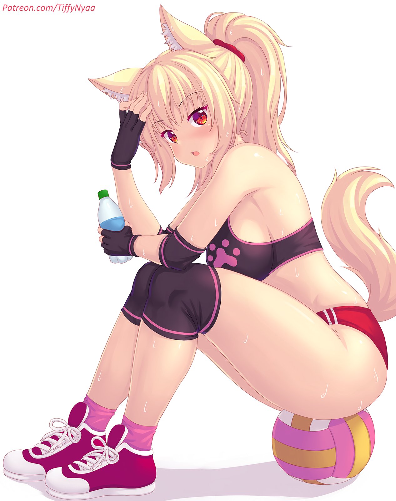 animal ears, animal tail, athletic, blonde hair, blush, bottle, breasts, buruma, eyebrows visible through hair, female, female only, fit, fox ears, fox girl, fox tail, inner ear fluff, kemonomimi, large breasts, looking at viewer, patreon, ponytail, red eyes, shoes, sitting, socks, sports bra, sweat, tagme, tail, tiffy, tiffynyaa, url, water bottle, white background, workout