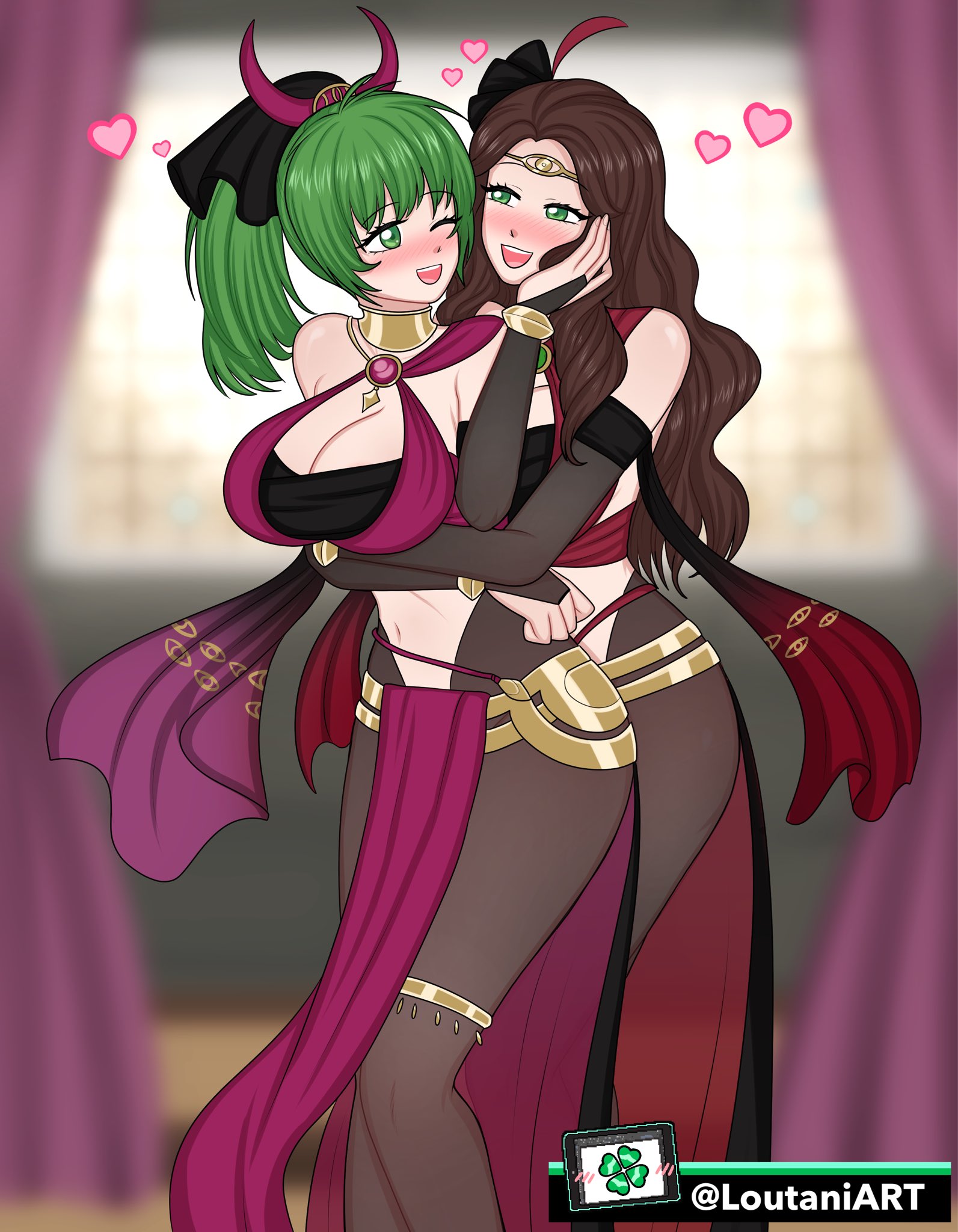 2girls, alternate costume, bare midriff, blush, bodystocking, breasts, brown hair, cleavage, dancer, dorothea arnault, dorothea arnault (plegian), eyebrows visible through hair, female, female only, fire emblem, fire emblem heroes, fire emblem: genealogy of the holy war, fire emblem: three houses, fully clothed, green eyes, green hair, hand on face, harem outfit, hug, hugging, large breasts, lene (fire emblem), long hair, loutaniart, medium hair, nintendo, open mouth, open smile, ponytail, smile, yuri