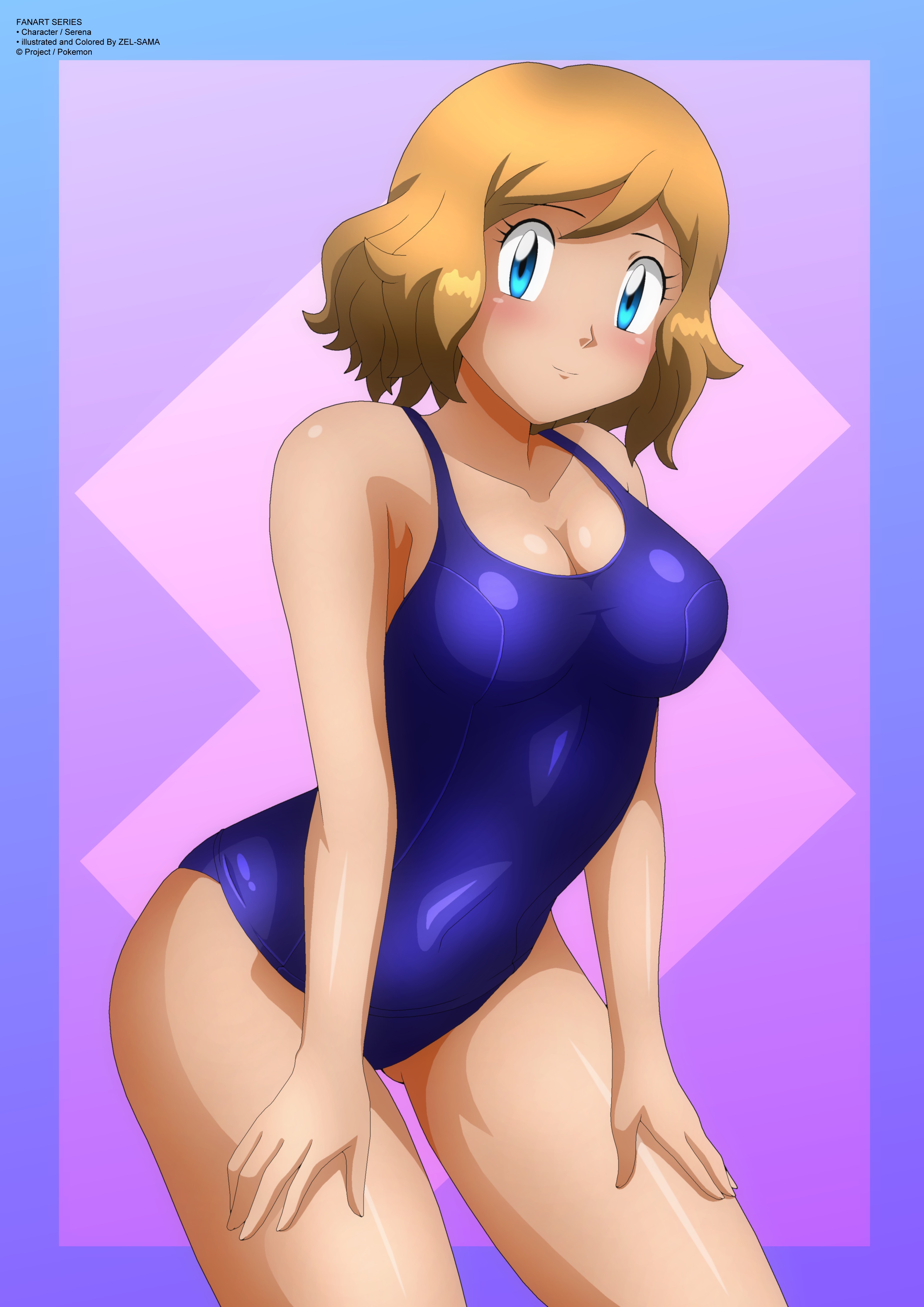 1girls, blonde hair, blonde-haired female, blue eyes, breasts, female, female only, human, human only, jpeg, nintendo, nipples, pokemon, pokemon (anime), pokemon xy, school swimsuit, serena (pokemon), solo, solo female, solo focus, tagme, zel-sama